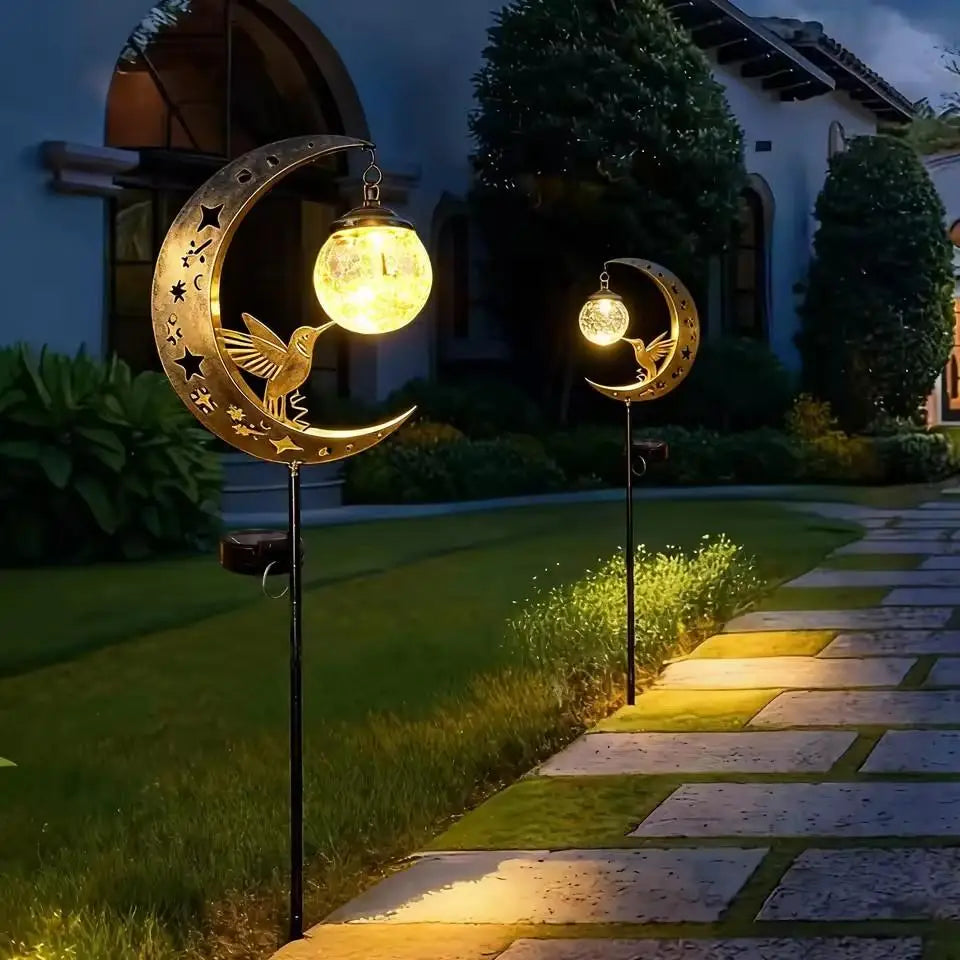 Solar Lawn Stake Light Crackle Glass Moon Hummingbird Silhouette Auto On Off Waterproof Solar Outdoor Yard Path Decor Lamp