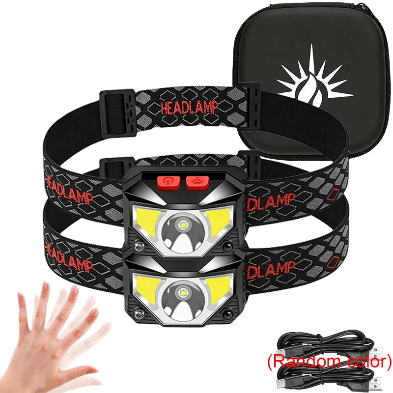 1-3PCS Rechargeable LED Headlamp Sensor Headlight With COB and LED Beads 8 Lighting Modes White and Red Light Fishing Light