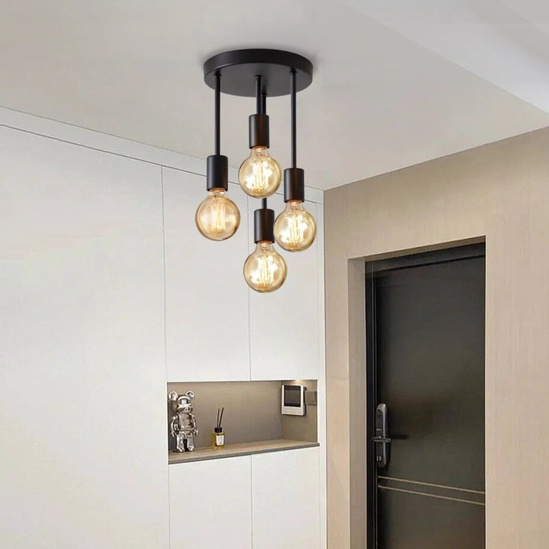 1Pc black modern 4 E27 bulb base ceiling light, suitable for bedroom, kitchen, hallway, corridor chandelier(without bulb)