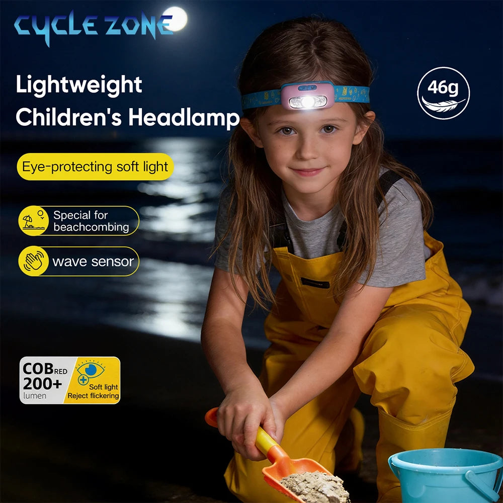 Child's Headlight Type-C Rechargeable Ultralight Kids Head Flashlight Induction Headlamp Outdoor Fishing Camping Emergency Light