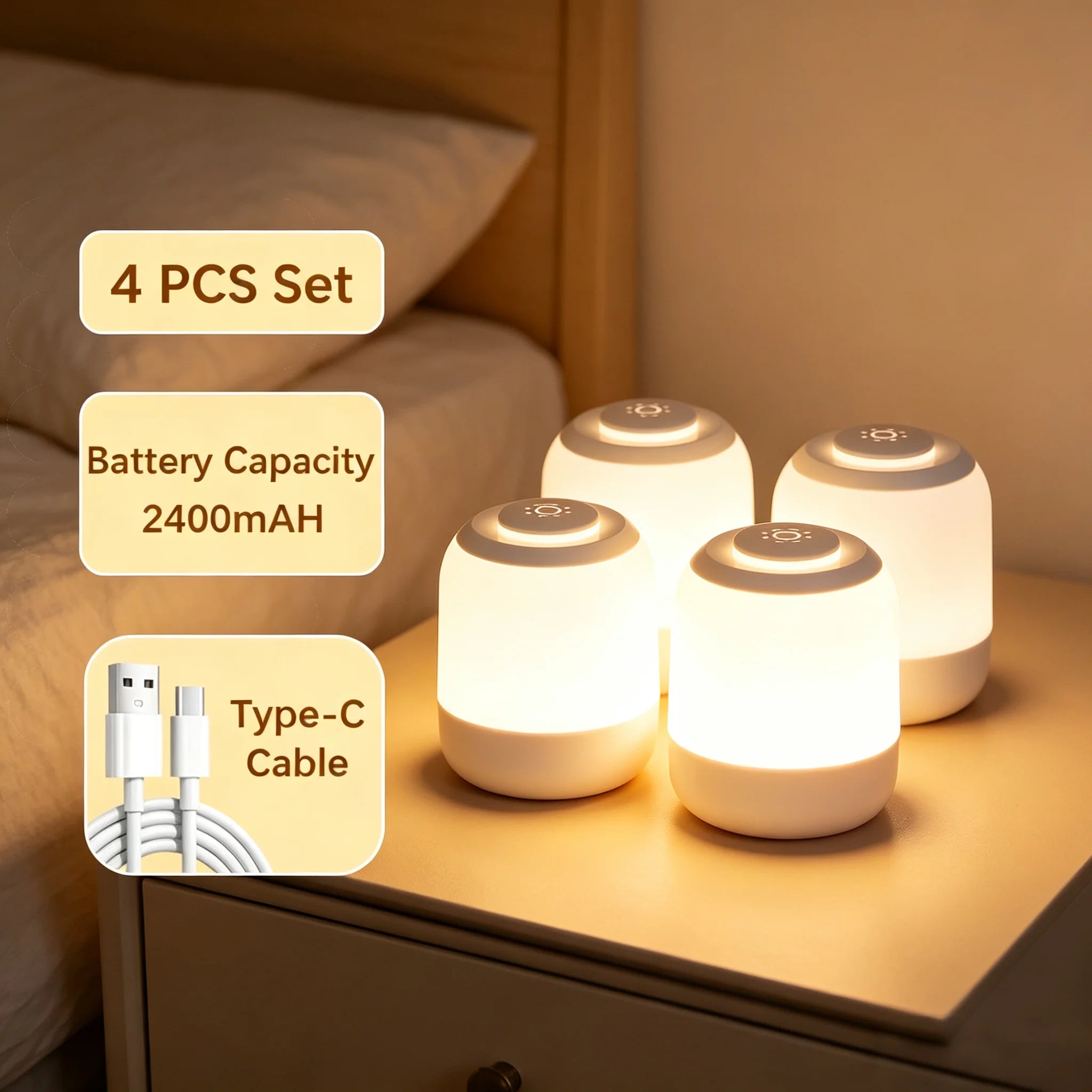 Rechargeable Touch LED Night Light, 3 Color Stepless Dimmable Bedside Lamp, Portable Table Lamp for Bedroom Nursery