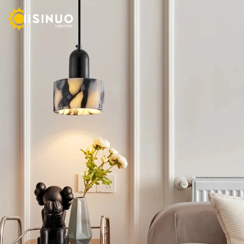 Natural Marble Pendant Light Luxury Hanging Bedside Lamp Small Ceiling Lighting E27 Wire Adjustable for Home Bedroom Living Room