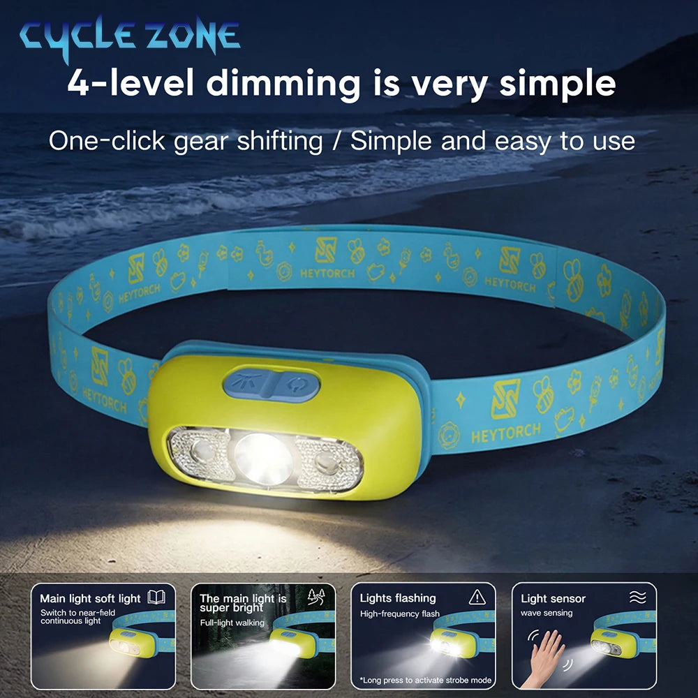 Child's Headlight Type-C Rechargeable Ultralight Kids Head Flashlight Induction Headlamp Outdoor Fishing Camping Emergency Light
