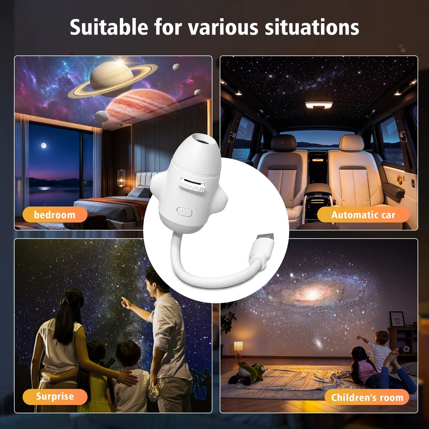 2-in-1 Rocket Galaxy Projection Light Adjustable Focus Ambient Star Projector Lights Car Projection Lamp Space Moon Night Light