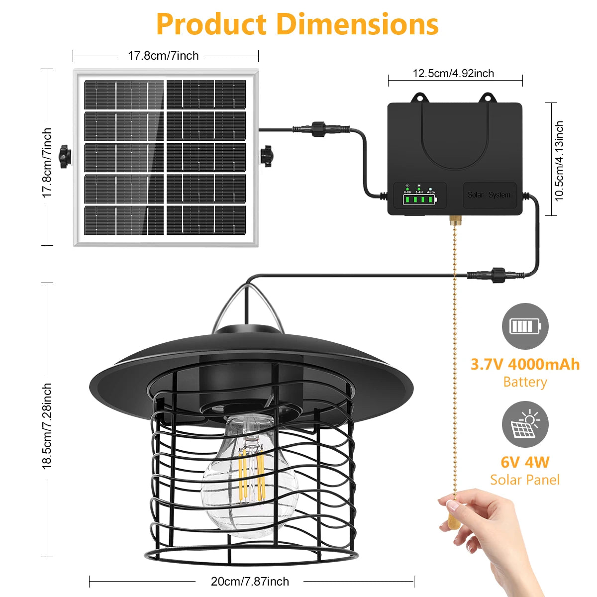 Solar Lamp Outdoor Hanging Solar Pendant Light for Shed Barn Motor Home Retro Pull Chain 3 Work Mode with Battery Indicator IP65