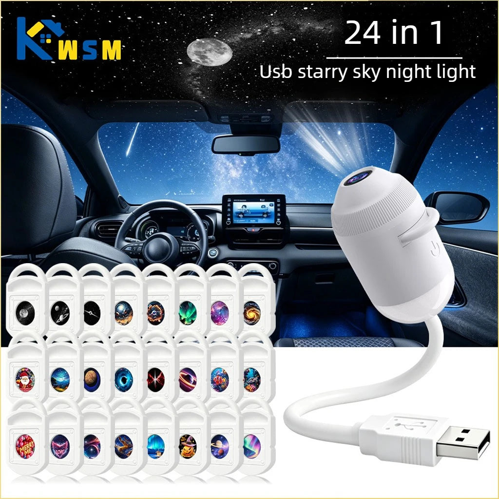 USB Starry Sky Projector Night Light Romantic Galaxy Atmosphere Lamp for Car Interior Home Bedroom Decor USB Powered