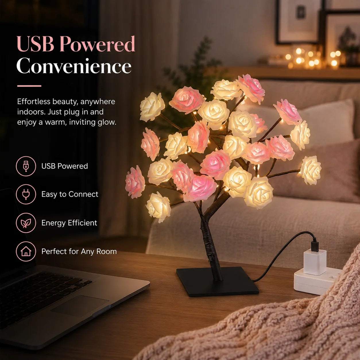 LED Rose Tree Lamp, USB Powered Artificial Flower Night Light Romantic Rose Blossom Design with colorful LED Glow, Perfect for Bedroom, Desk, Living Room and Special Occasions.