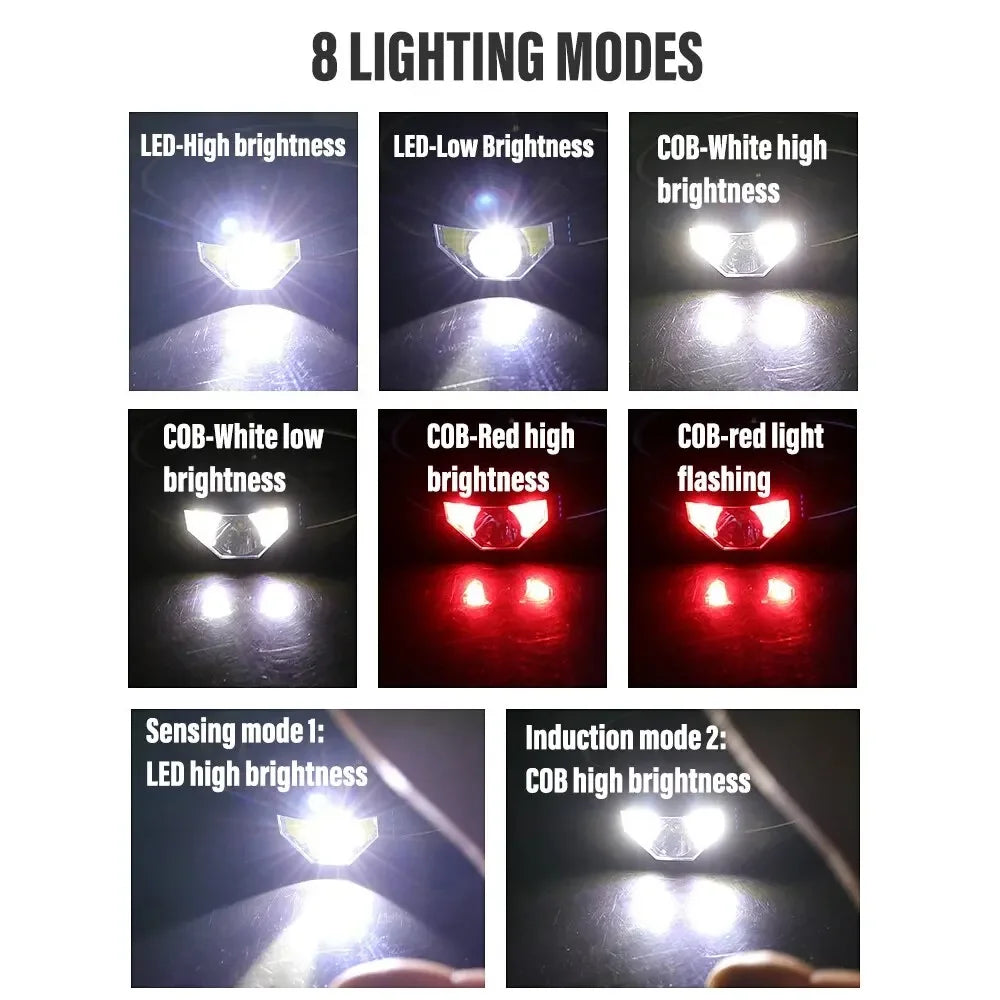 1-3PCS Rechargeable LED Headlamp Sensor Headlight With COB and LED Beads 8 Lighting Modes White and Red Light Fishing Light