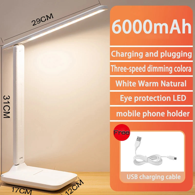 6000mAh LED Table Lamp USB Chargeable/Plug in Stepless Dimmable Desk Lamp Touch Foldable Eye Protection Reading Night Light