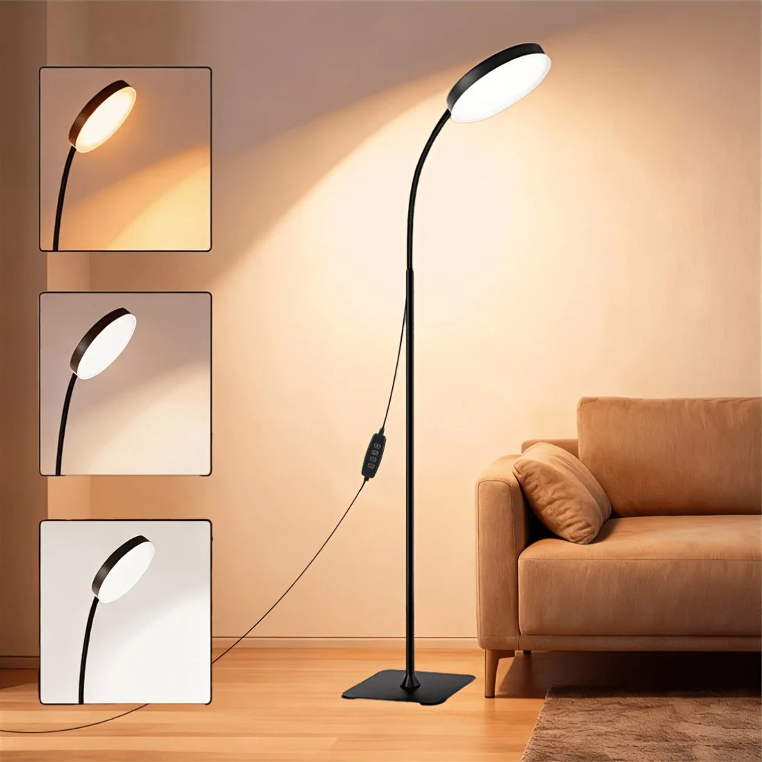 10W LED Floor Lamp, Ultra-Bright Dimmable LED Light, Flexible Adjustable Gooseneck Reading Light, Circular Ambient Light, 3-Color Adjustable, USB Powered, Suitable for Living Room, Bedroom, Office, Study