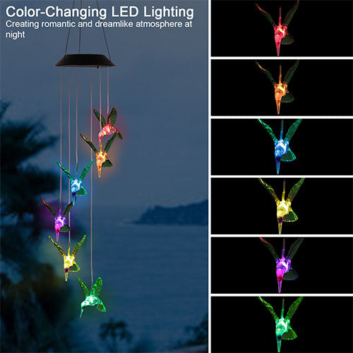 Solarek Hummingbird Wind Chime With 6 Leds, Color-Changing, Waterproof For Home & Garden, Black