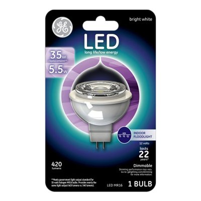 GE LED MR16 Accent Bulb, 5.5W, Warm White, GU5.3 Base, 1-Pack, Model 45638