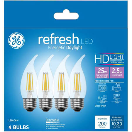 GE Lighting Refresh LED Light Bulbs, 2.5W (25W Equivalent), Daylight, Medium Base, 4 Pack, Glass