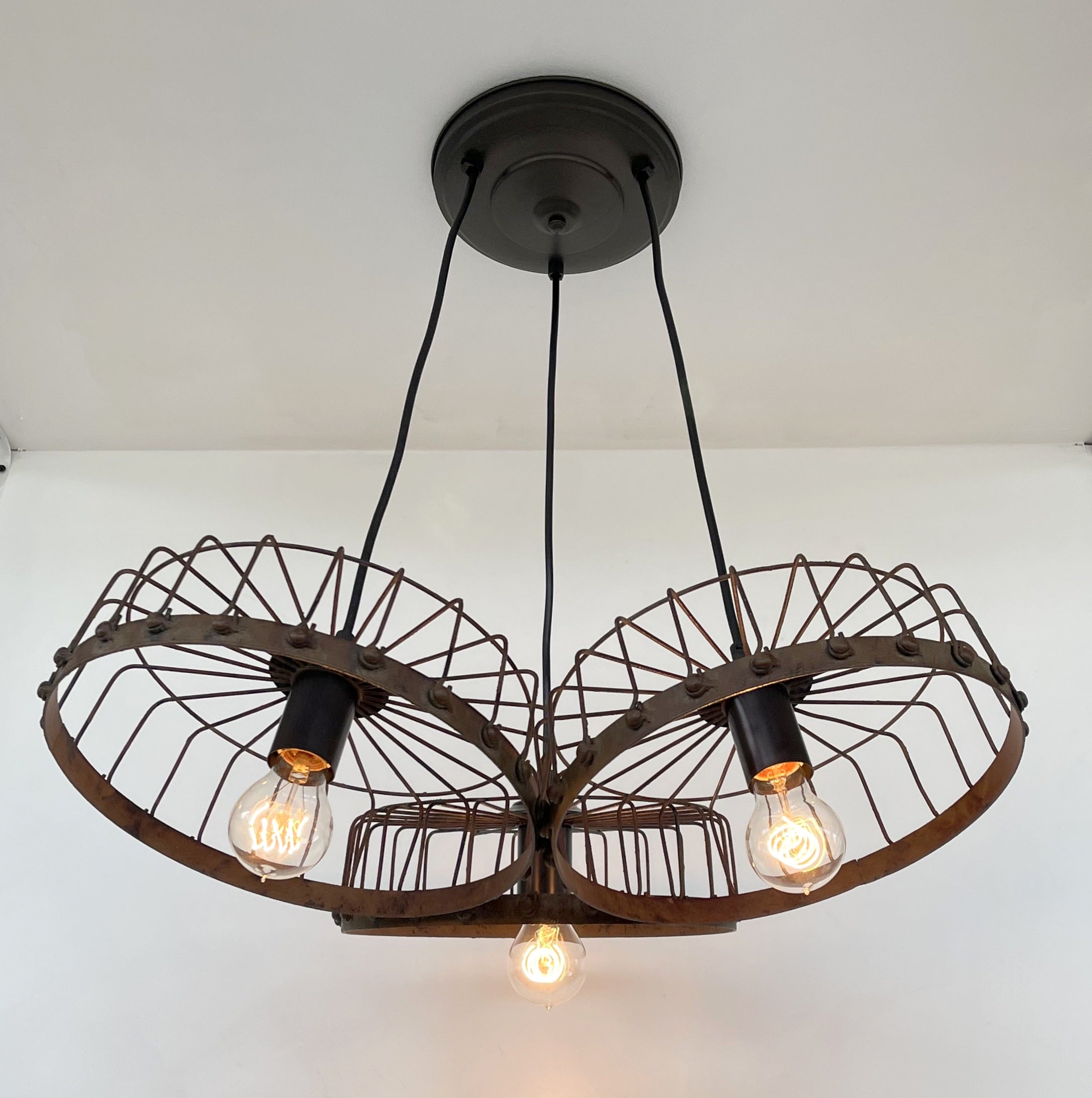 Rustic Industrial Wagon Wheel CHANDELIER TRIO Light