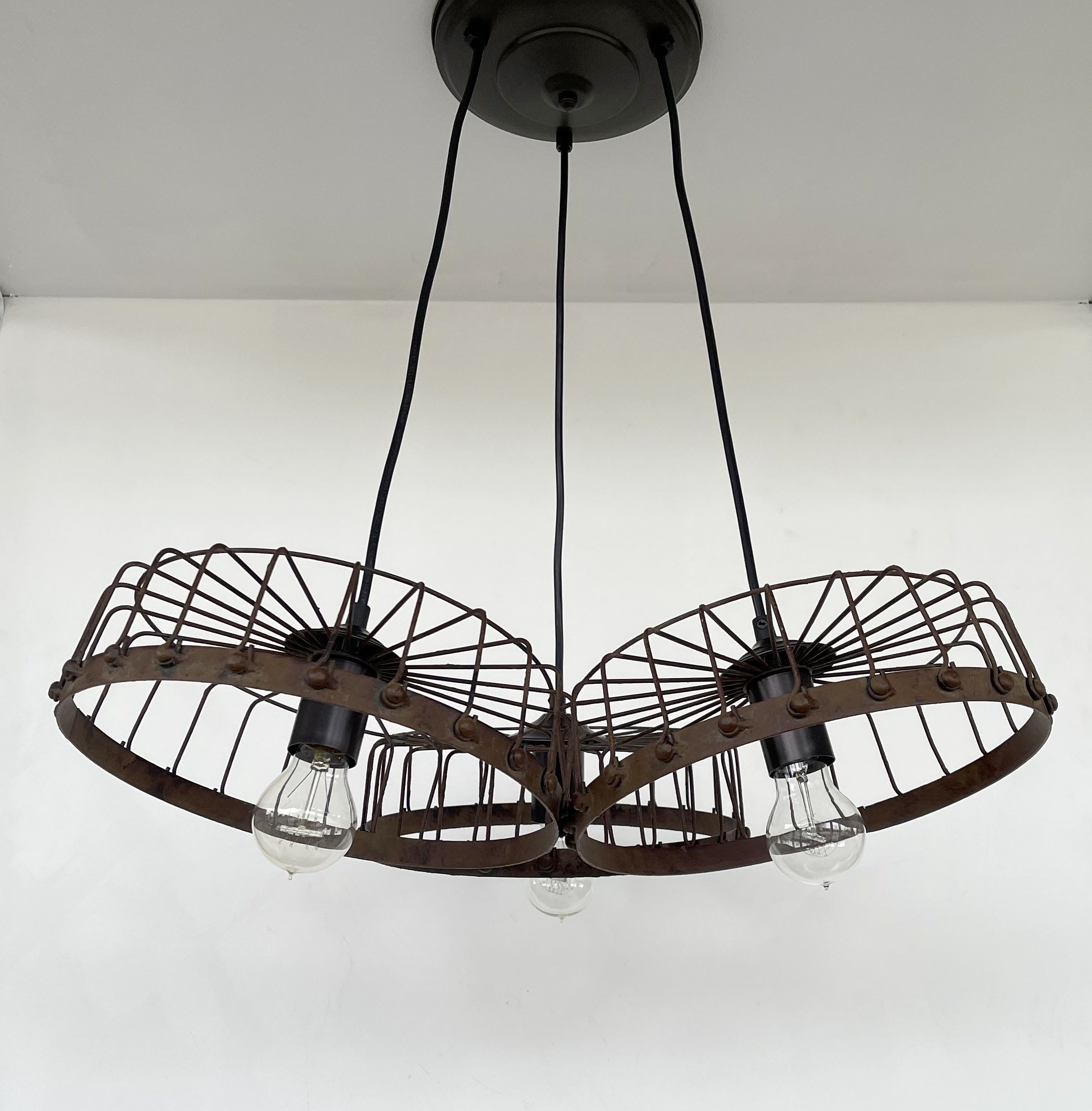 Rustic Industrial Wagon Wheel CHANDELIER TRIO Light