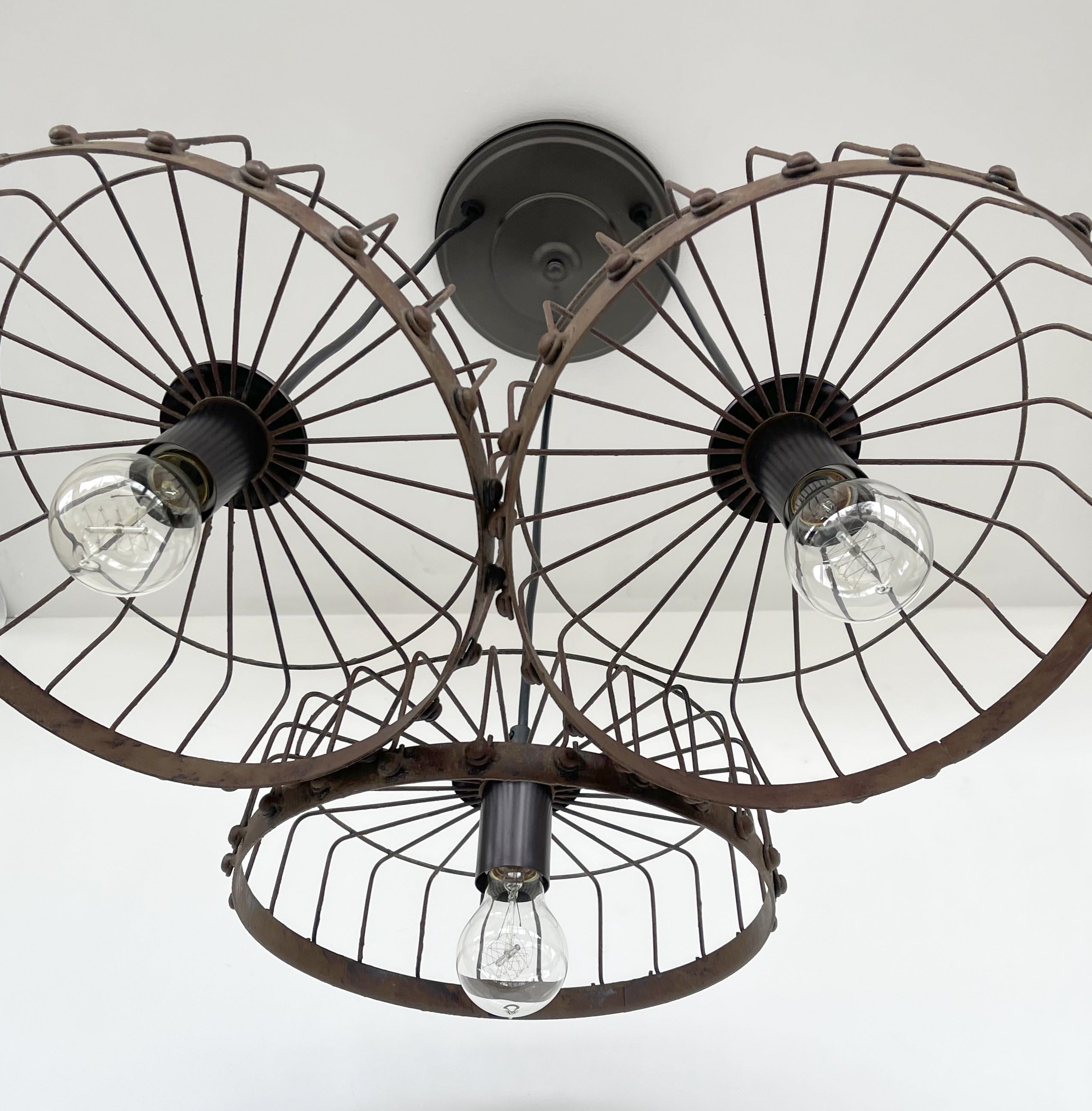 Rustic Industrial Wagon Wheel CHANDELIER TRIO Light