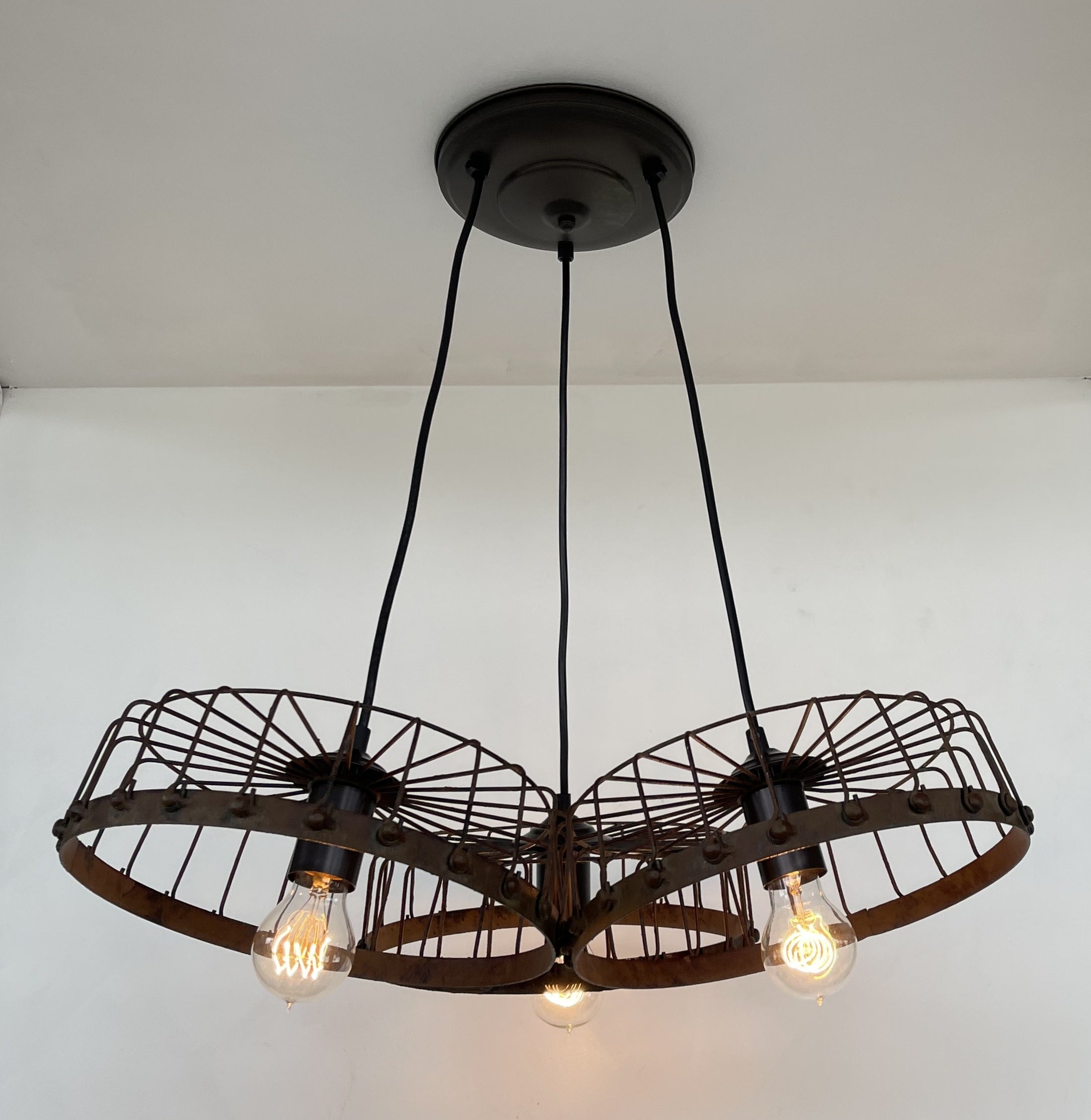 Rustic Industrial Wagon Wheel CHANDELIER TRIO Light