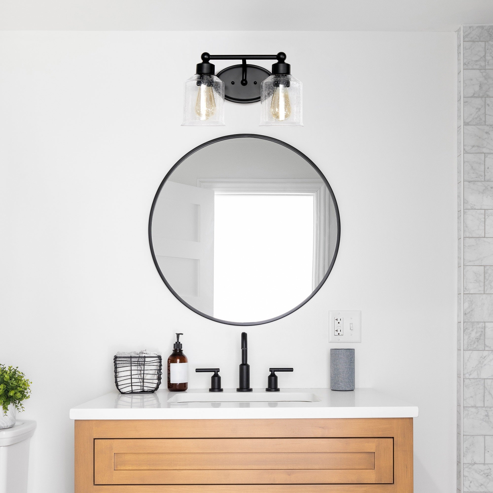 Elegant Designs Vt1017-Blk 14" Modern Timeless Decorative 2 Light Wall Mounted Vanity Fixture With Clear Speckled Glass Shades, Black
