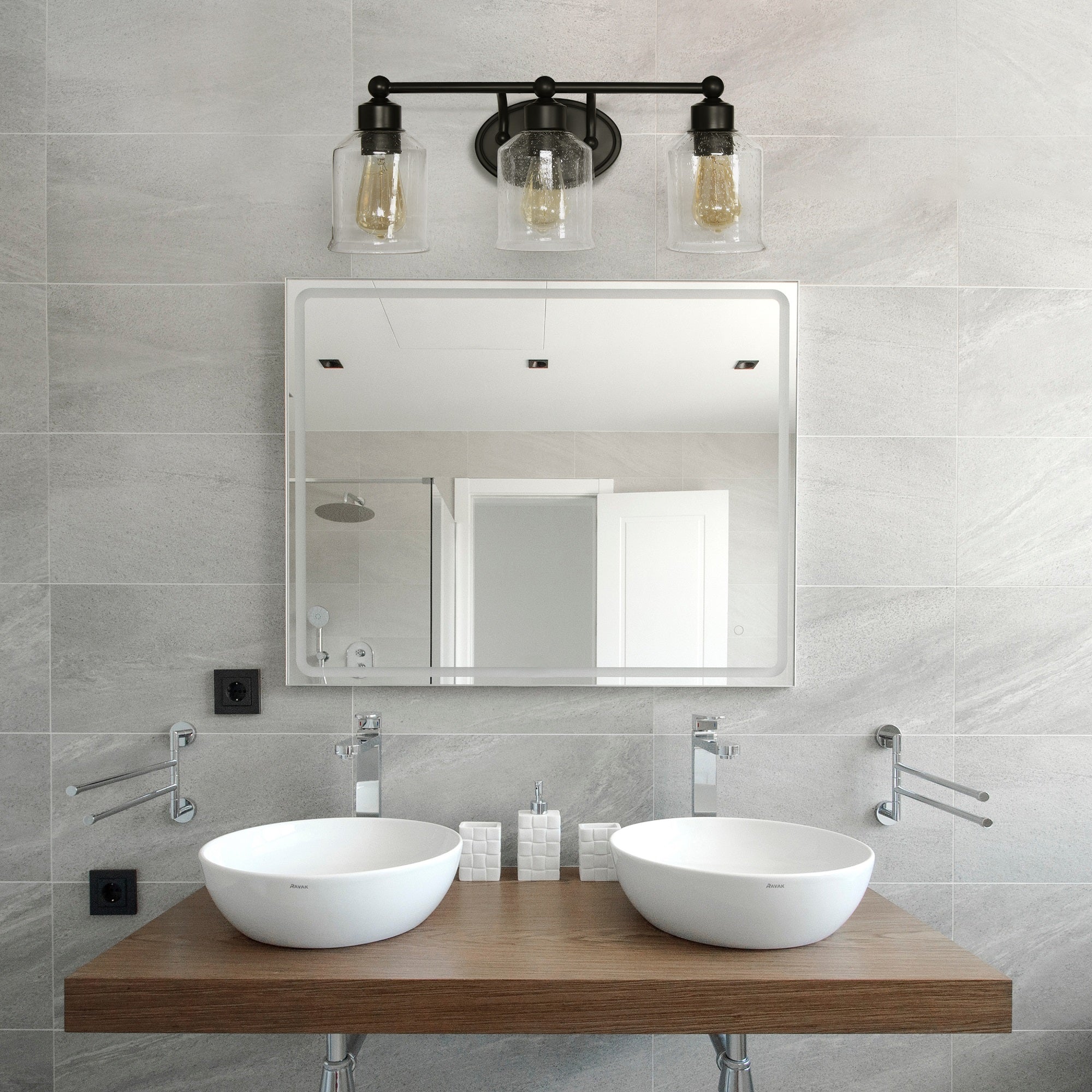 Elegant Designs VT1018-BLK 22in 3 Light Wall Mounted Vanity Fixture, Black, Clear Speckled Glass Shades