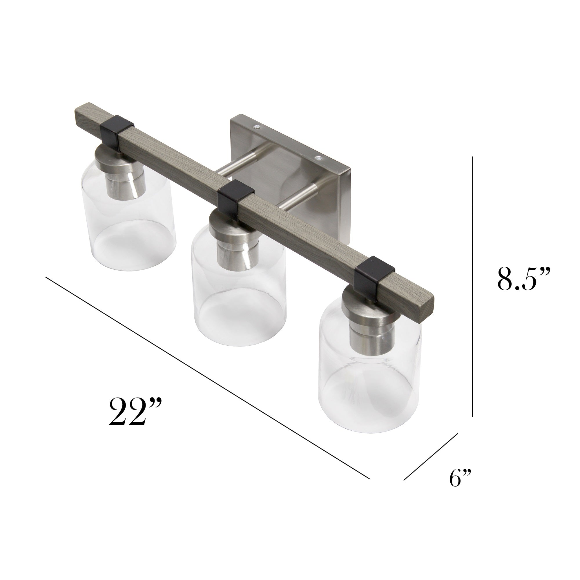 Elegant Designs VT1020-GRY 3 Light Vanity Fixture, Brushed Nickel/Gray, Metal with Clear Glass Shades for Bathroom, Entryway, Hallway