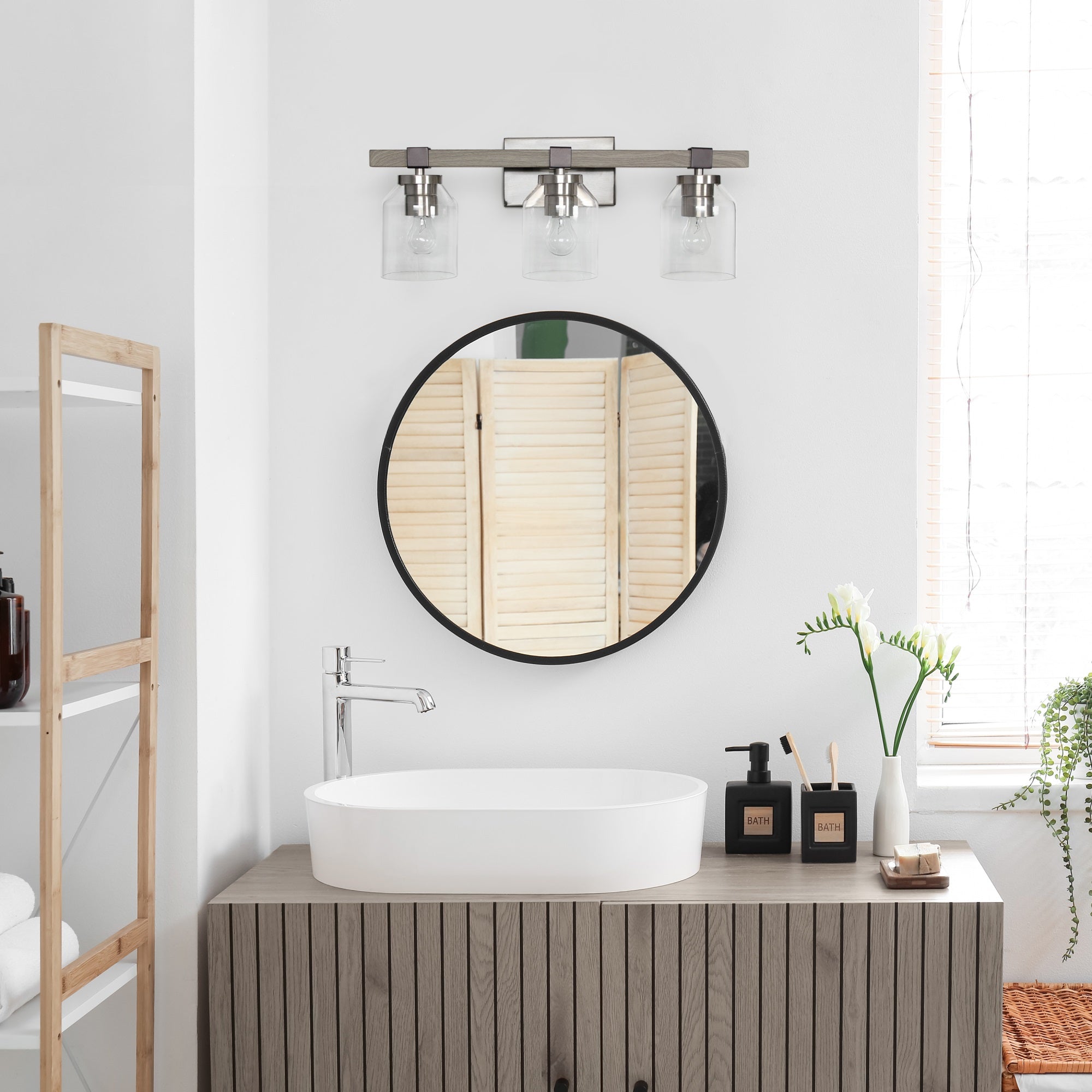 Elegant Designs VT1020-GRY 3 Light Vanity Fixture, Brushed Nickel/Gray, Metal with Clear Glass Shades for Bathroom, Entryway, Hallway