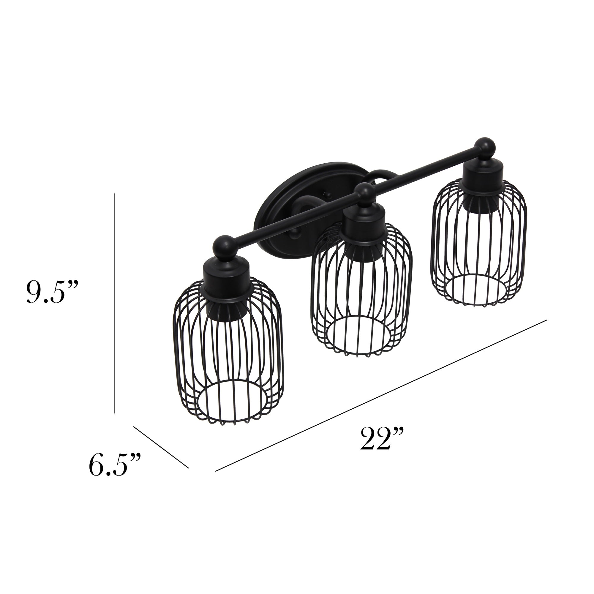 Elegant Designs VT1022-BLK Wall Mounted Vanity Fixture, 3 Light Birdcage, Black, 22inL x 6.5inW x 9.5inH, Iron