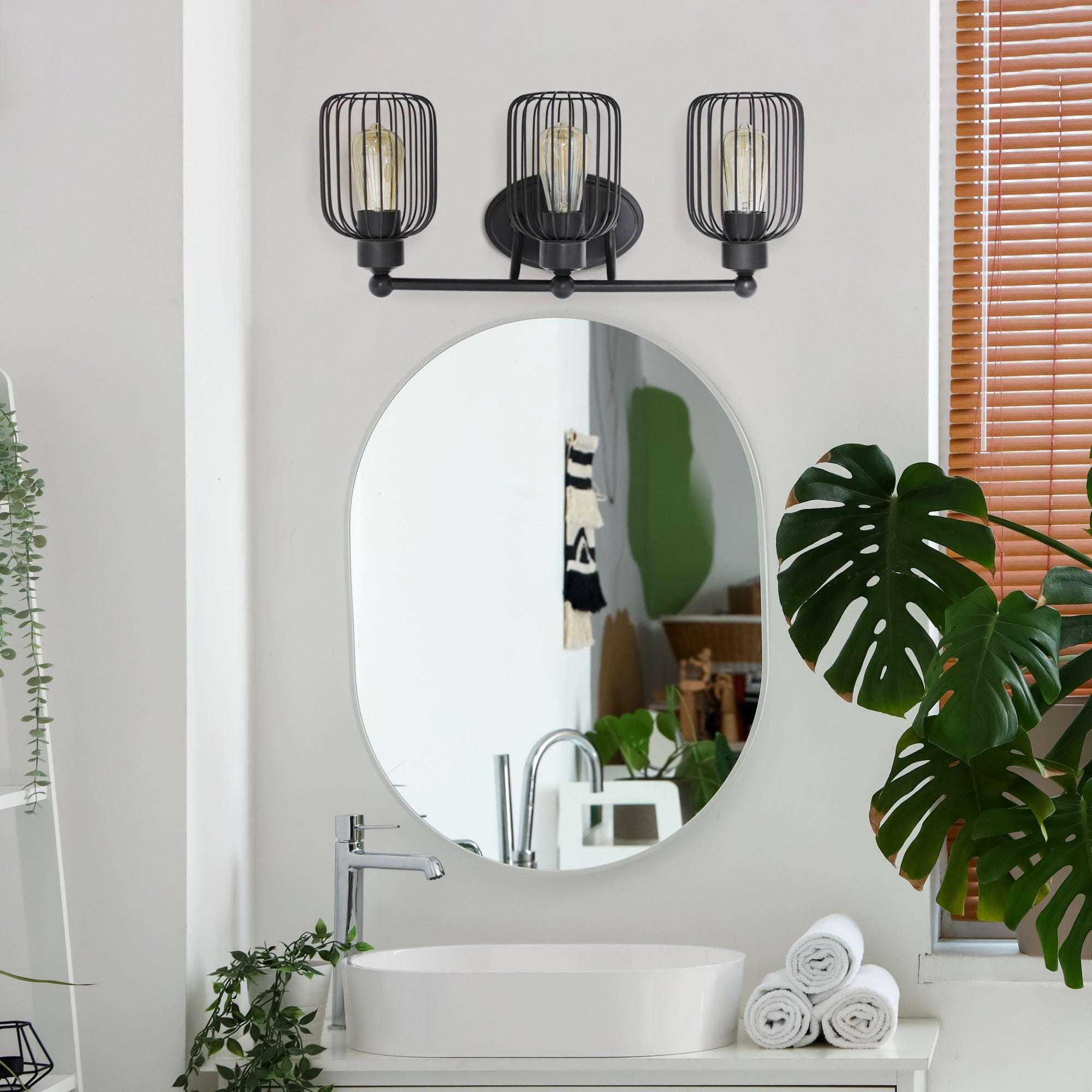 Elegant Designs VT1022-BLK Wall Mounted Vanity Fixture, 3 Light Birdcage, Black, 22inL x 6.5inW x 9.5inH, Iron