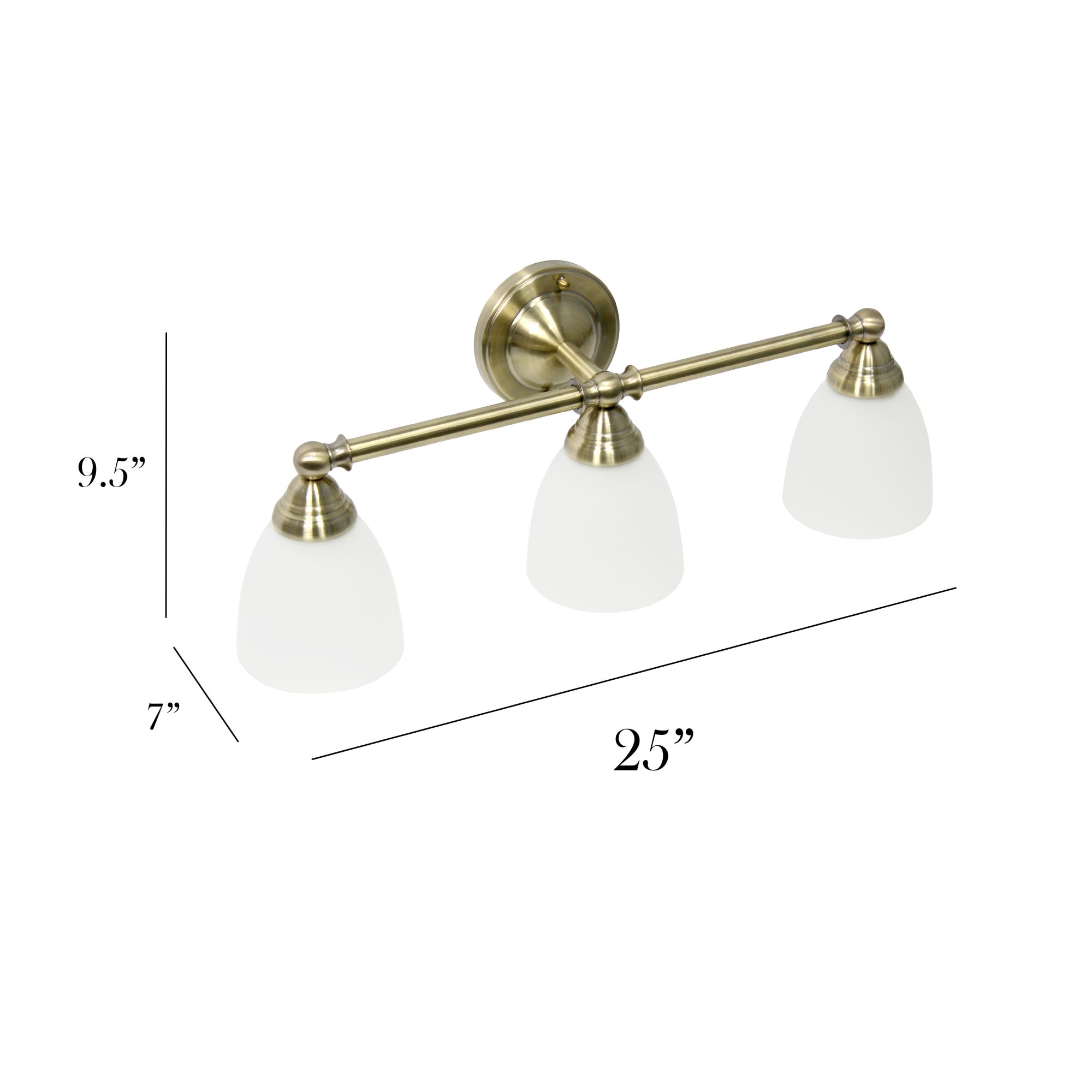 Simple Designs 25'' Classic 3 Light Metal Bar and Frosted Cone Shape Glass Shades Decorative Wall Mounted Vanity Fixture For Bathroom  Entryway  Hallway  Antique Brass
