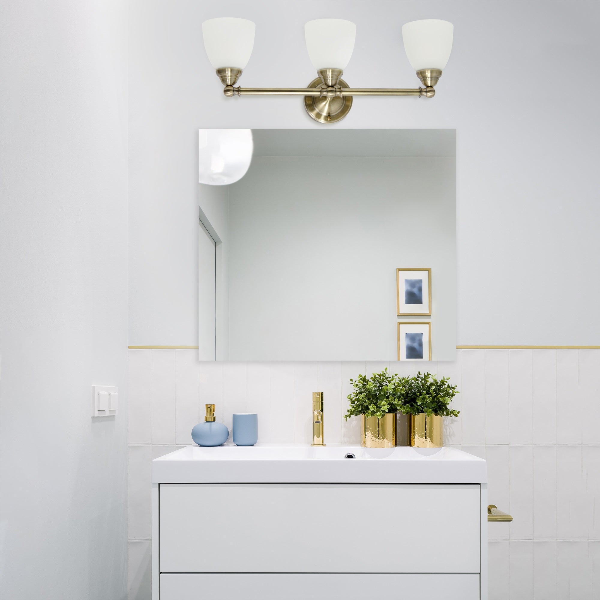 Simple Designs 25'' Classic 3 Light Metal Bar and Frosted Cone Shape Glass Shades Decorative Wall Mounted Vanity Fixture For Bathroom  Entryway  Hallway  Antique Brass