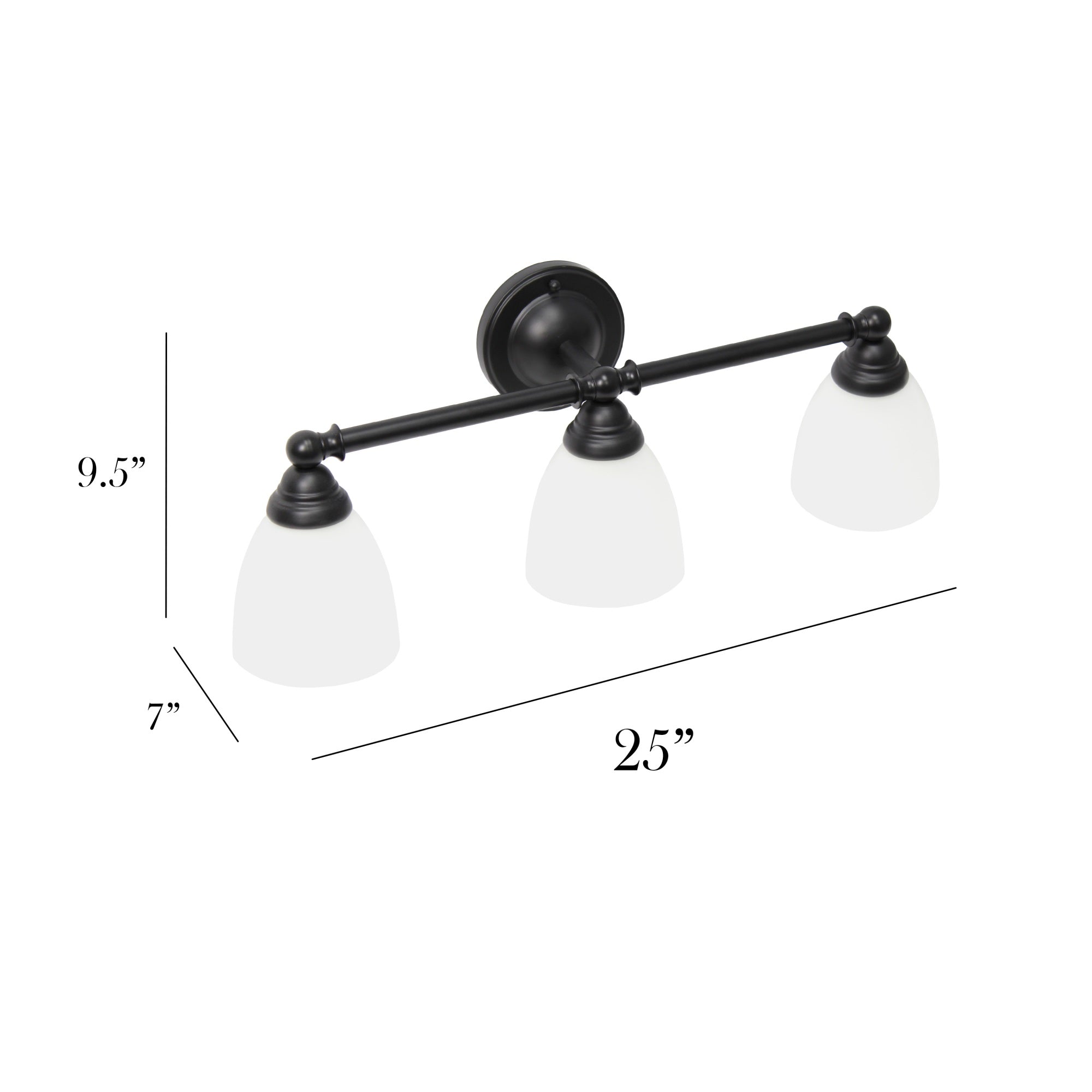 Simple Designs VT1025-BLK 25in Metal Wall Mounted Vanity Light, Black, Frosted Cone Glass Shades, 3 Light