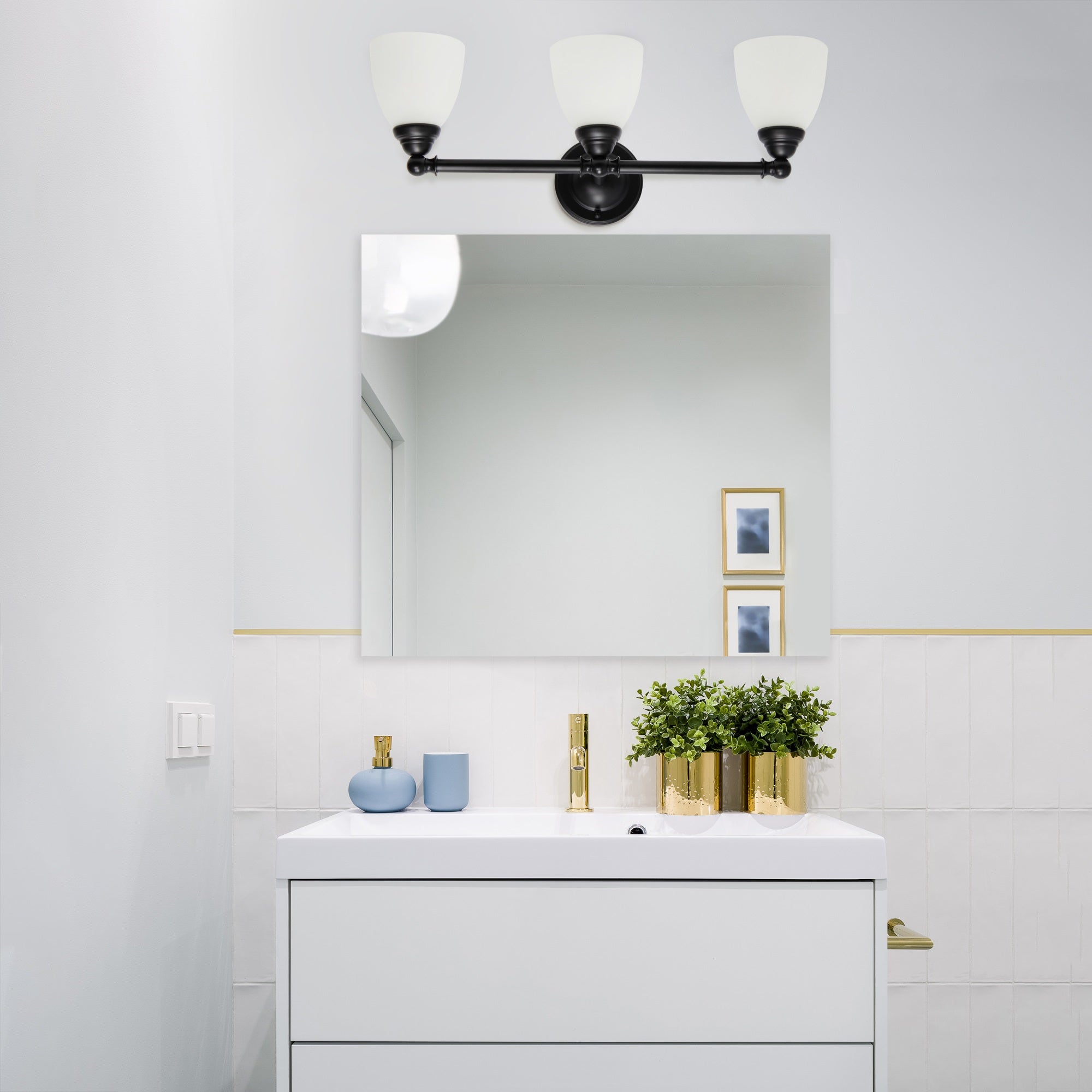 Simple Designs VT1025-BLK 25in Metal Wall Mounted Vanity Light, Black, Frosted Cone Glass Shades, 3 Light