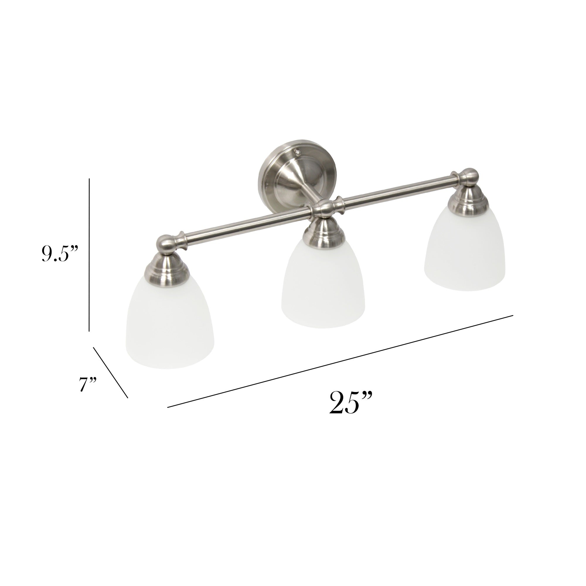 Simple Designs VT1025-BSN 25in Wall Mounted Vanity Light, 3 Light, Metal Bar, Frosted Glass Shades, Brushed Nickel