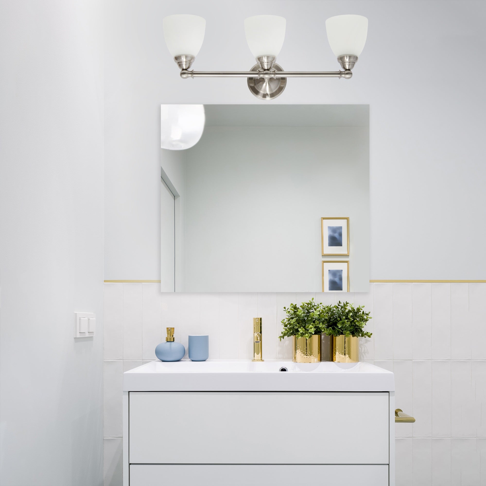 Simple Designs VT1025-BSN 25in Wall Mounted Vanity Light, 3 Light, Metal Bar, Frosted Glass Shades, Brushed Nickel