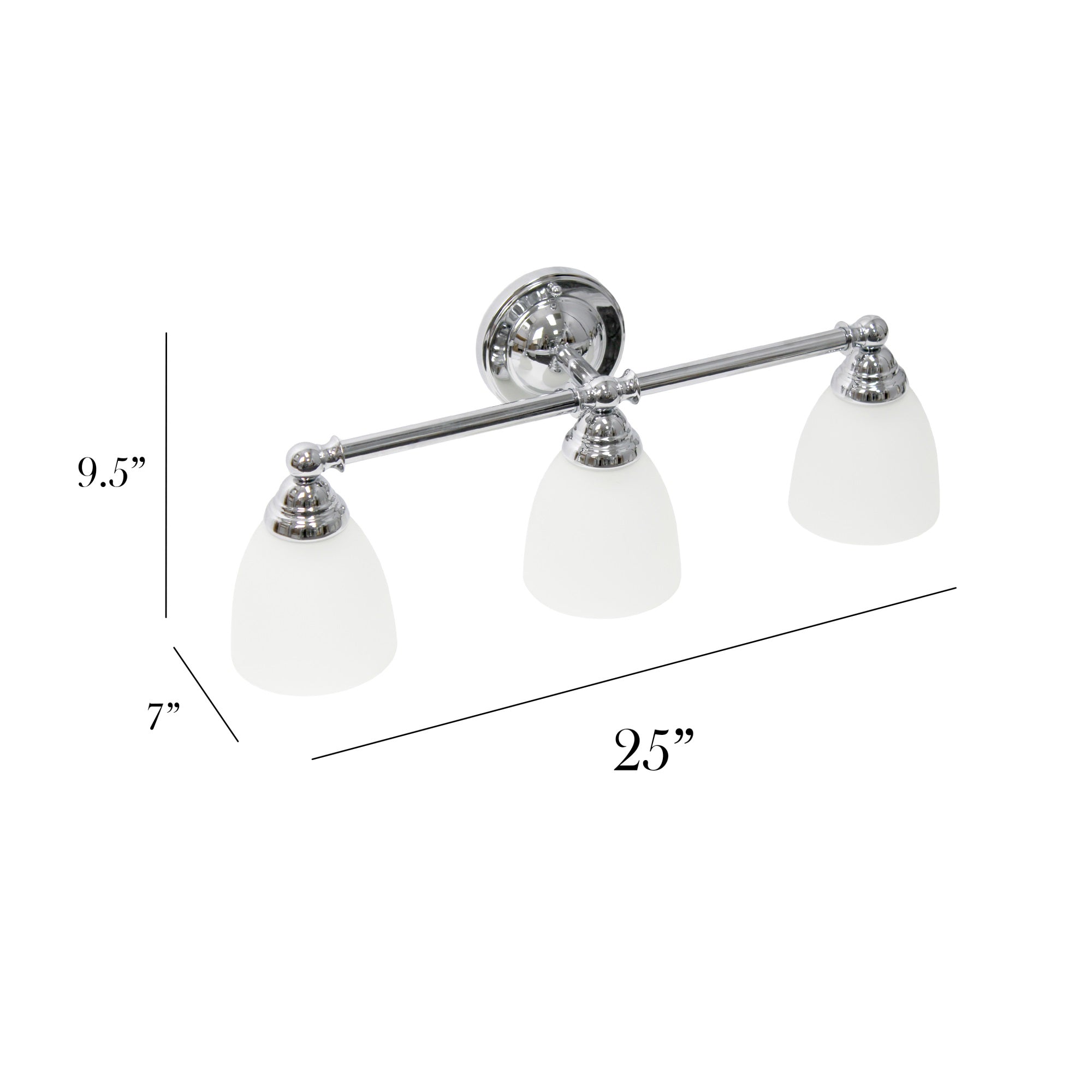 Simple Designs VT1025-CHR 25in Chrome Metal Bar Vanity Light with Frosted Glass Shades