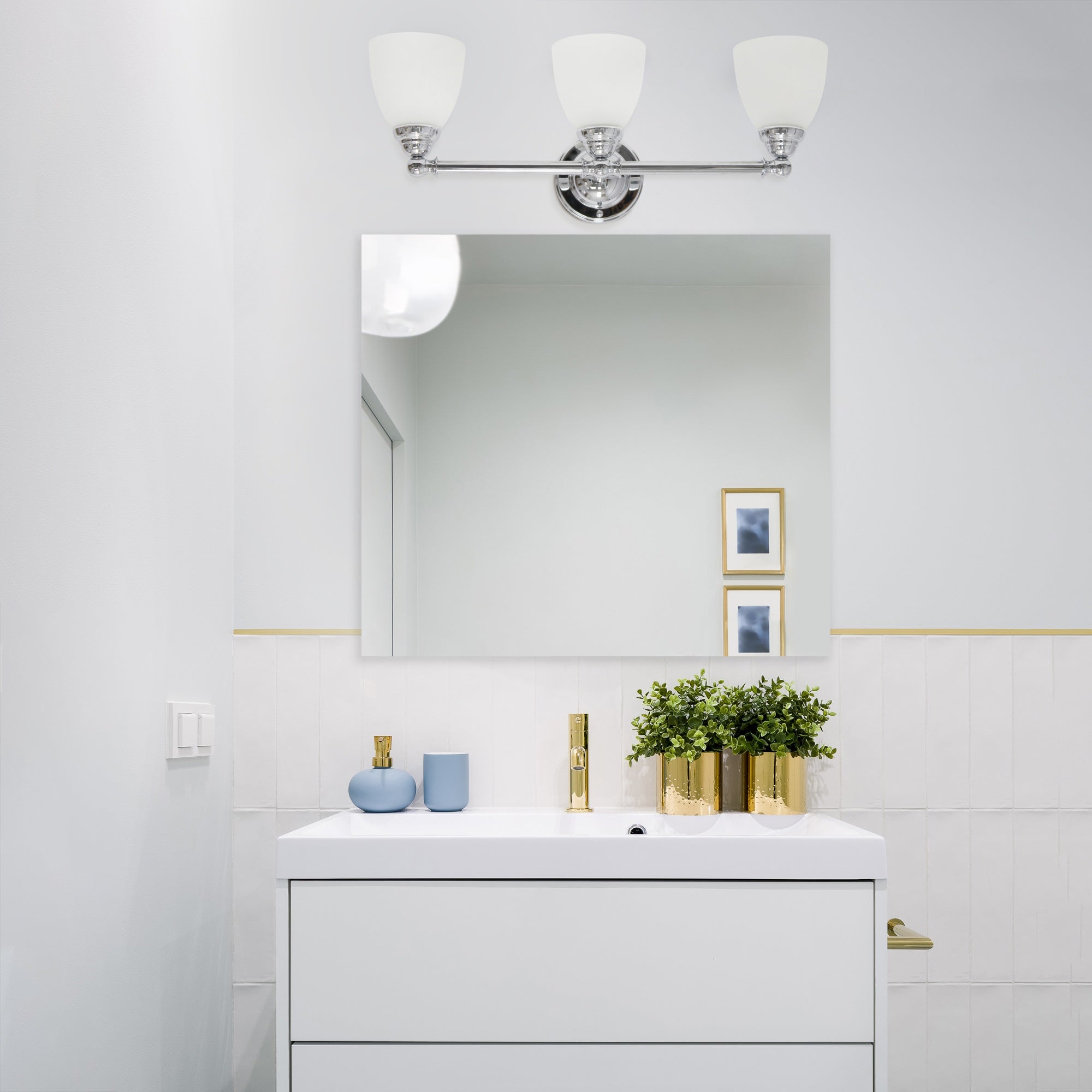 Simple Designs VT1025-CHR 25in Chrome Metal Bar Vanity Light with Frosted Glass Shades