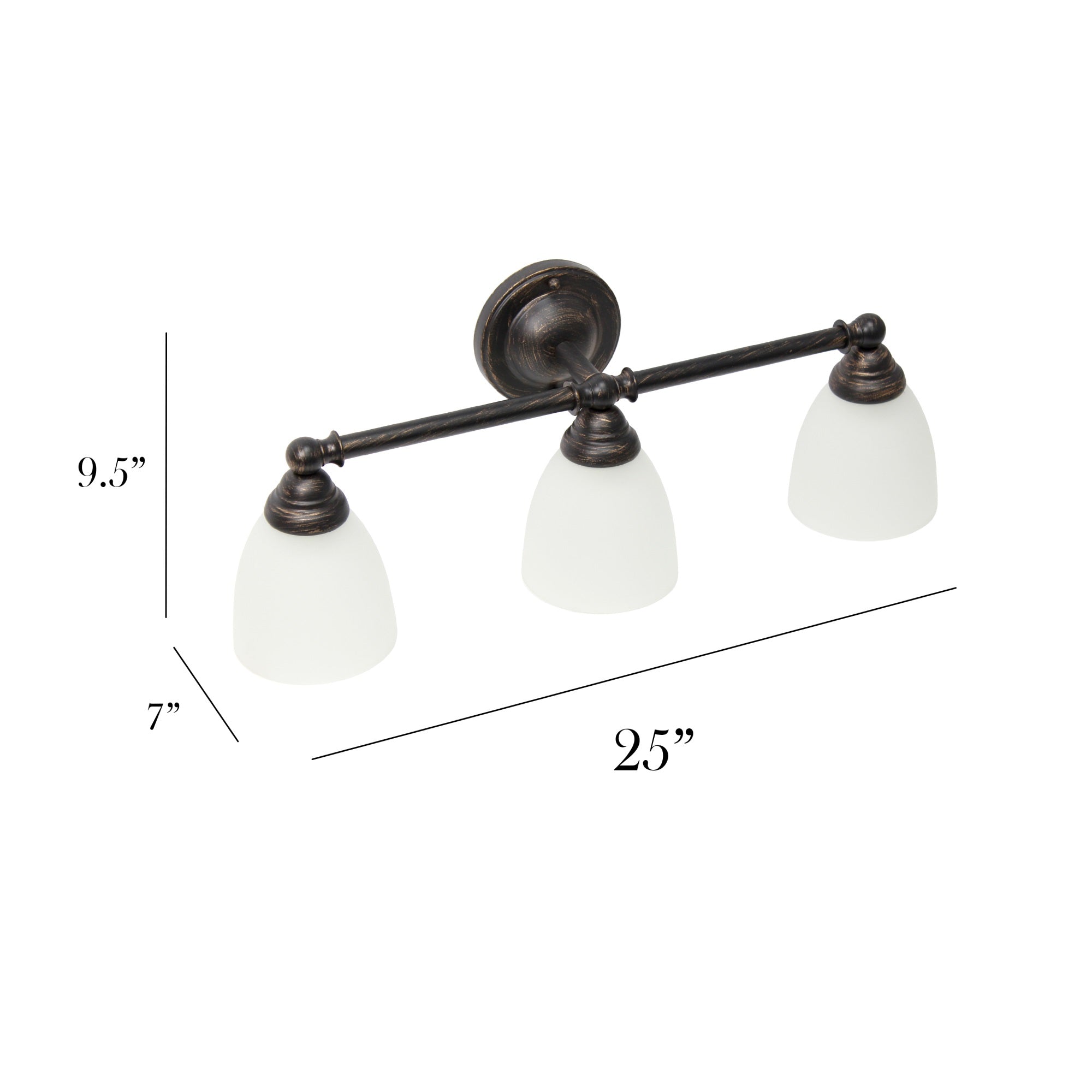 Simple Designs VT1025-ORB 25in Wall Mounted Vanity Light, 3 Light, Iron, Oil Rubbed Bronze, Frosted Cone Glass Shades