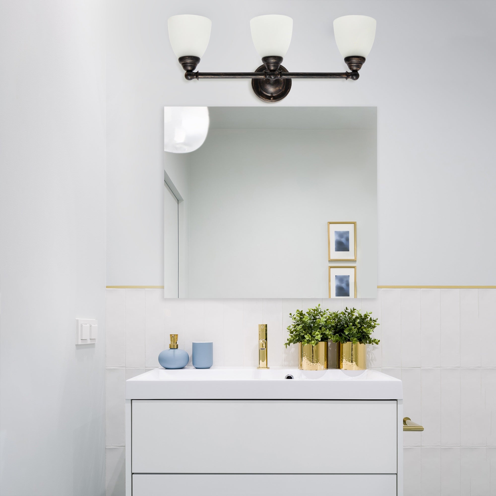 Simple Designs VT1025-ORB 25in Wall Mounted Vanity Light, 3 Light, Iron, Oil Rubbed Bronze, Frosted Cone Glass Shades