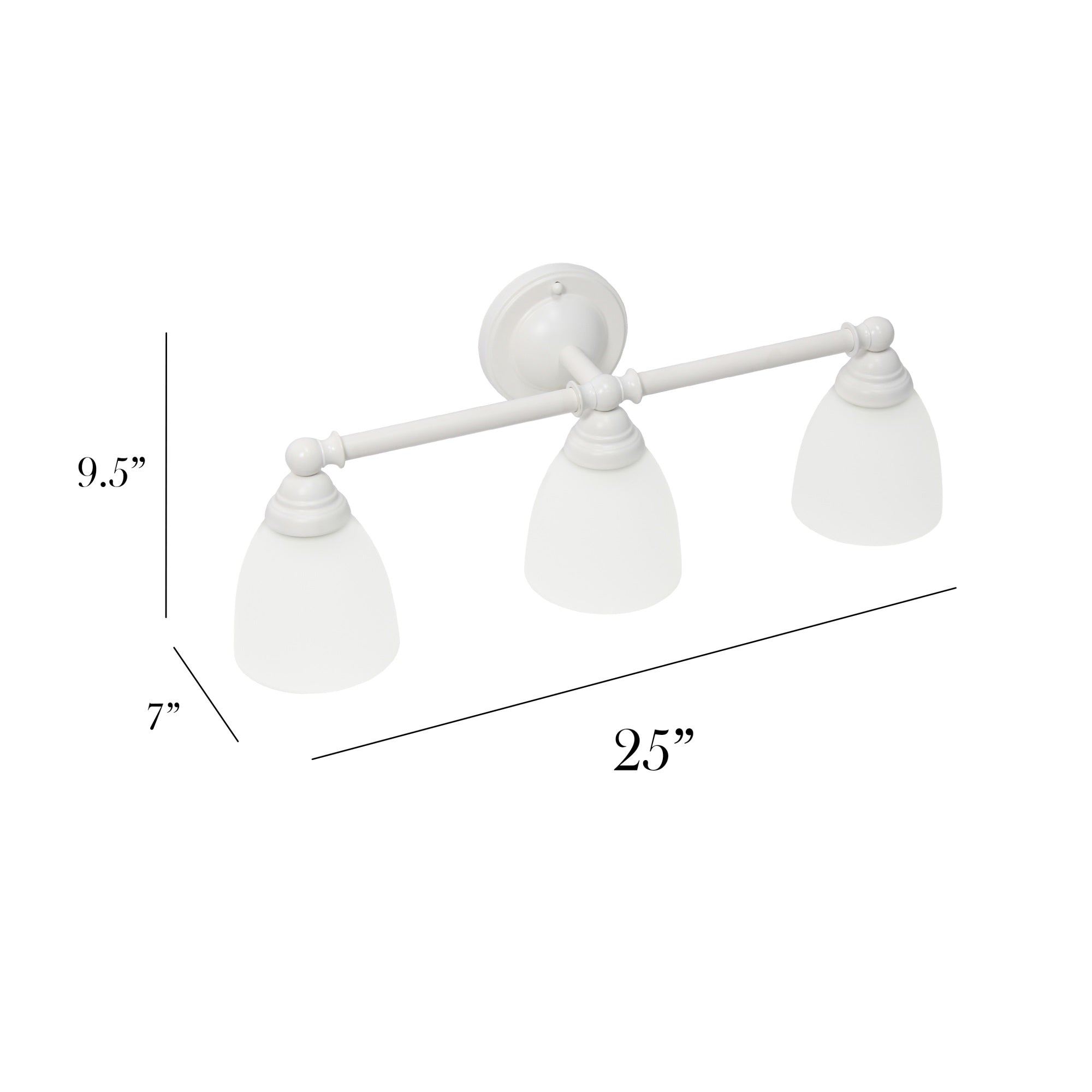 Simple Designs VT1025-WHT 25in Wall Mounted Vanity Light, 3 Light, Metal, Frosted Glass Shades, White