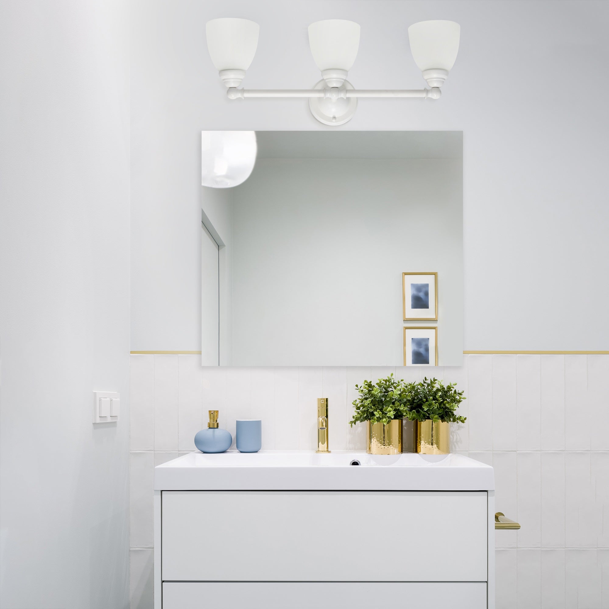 Simple Designs VT1025-WHT 25in Wall Mounted Vanity Light, 3 Light, Metal, Frosted Glass Shades, White
