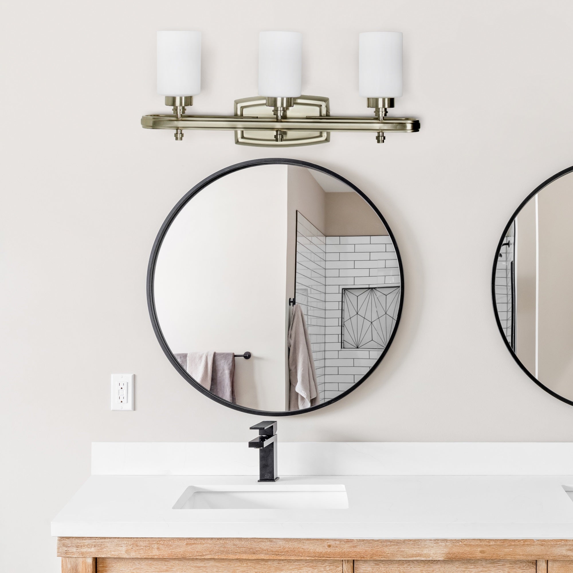 Simple Designs 23.5'' Modern 3 Light Metal Oval Loop and Milk White Cylinder Shape Glass Shades with Rectangular Backplate Decorative Wall Mounted Vanity Fixture for Bathroom  Entryway  Hallway  Antique Brass