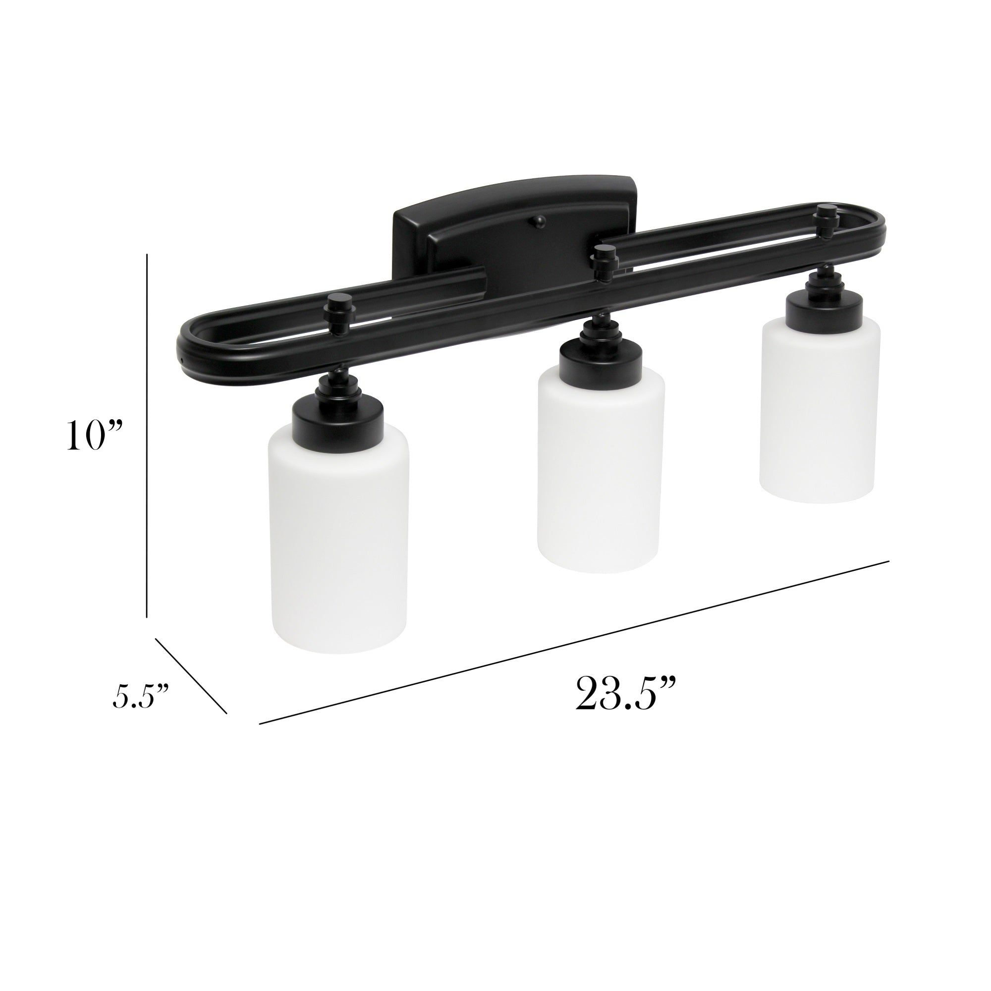Simple Designs VT1026-BLK Modern Wall Mounted Vanity Light, 3-Light, Black, Iron, 23.5inL x 5.5inW x 10inH, Milk White Glass Shades
