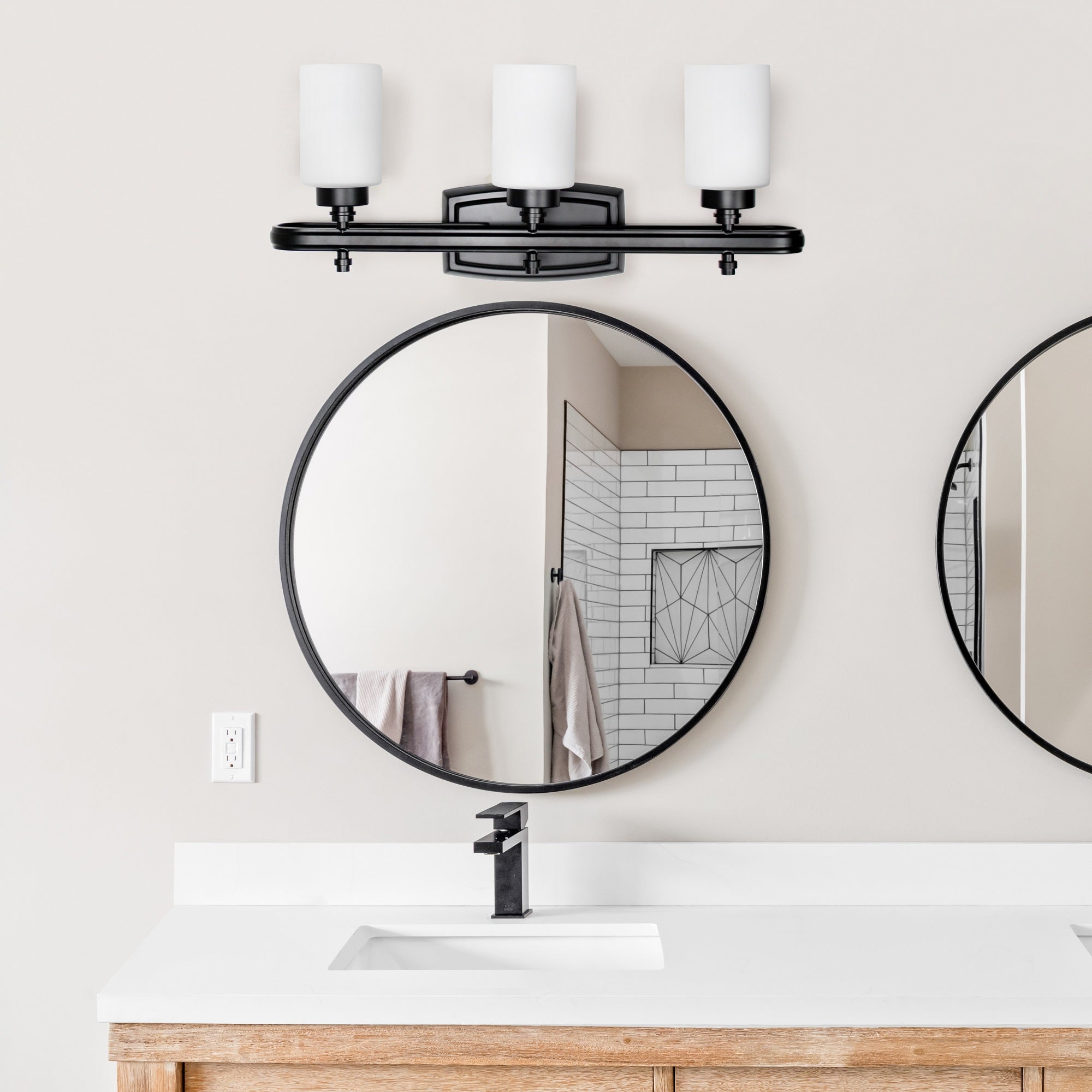 Simple Designs VT1026-BLK Modern Wall Mounted Vanity Light, 3-Light, Black, Iron, 23.5inL x 5.5inW x 10inH, Milk White Glass Shades