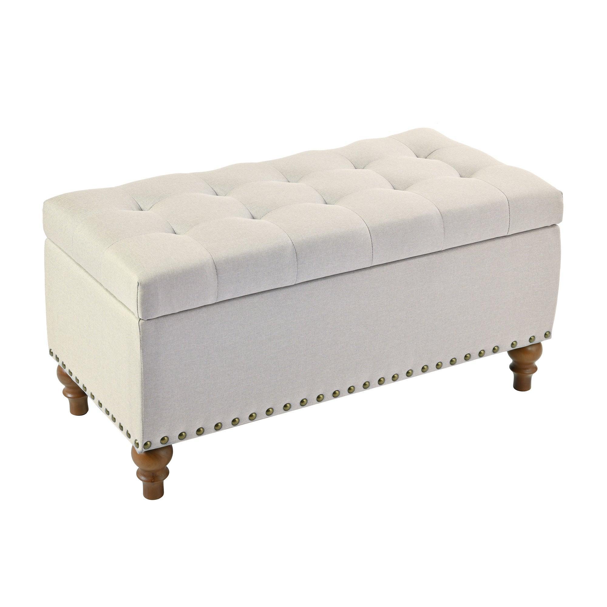 36" Ottoman Storage Bench with Recessed Support Hinge Top for Easy Opening,  Rivet Trim Around, Linen
