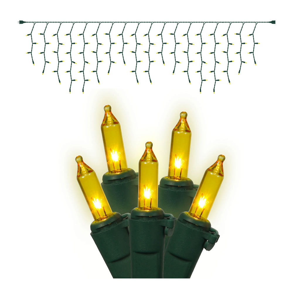 Vickerman Mini Light Icicle Set, 100 Bulbs, 4in Spacing, 5.5in Drop, 9 Length, Gold, Model W6G4307,