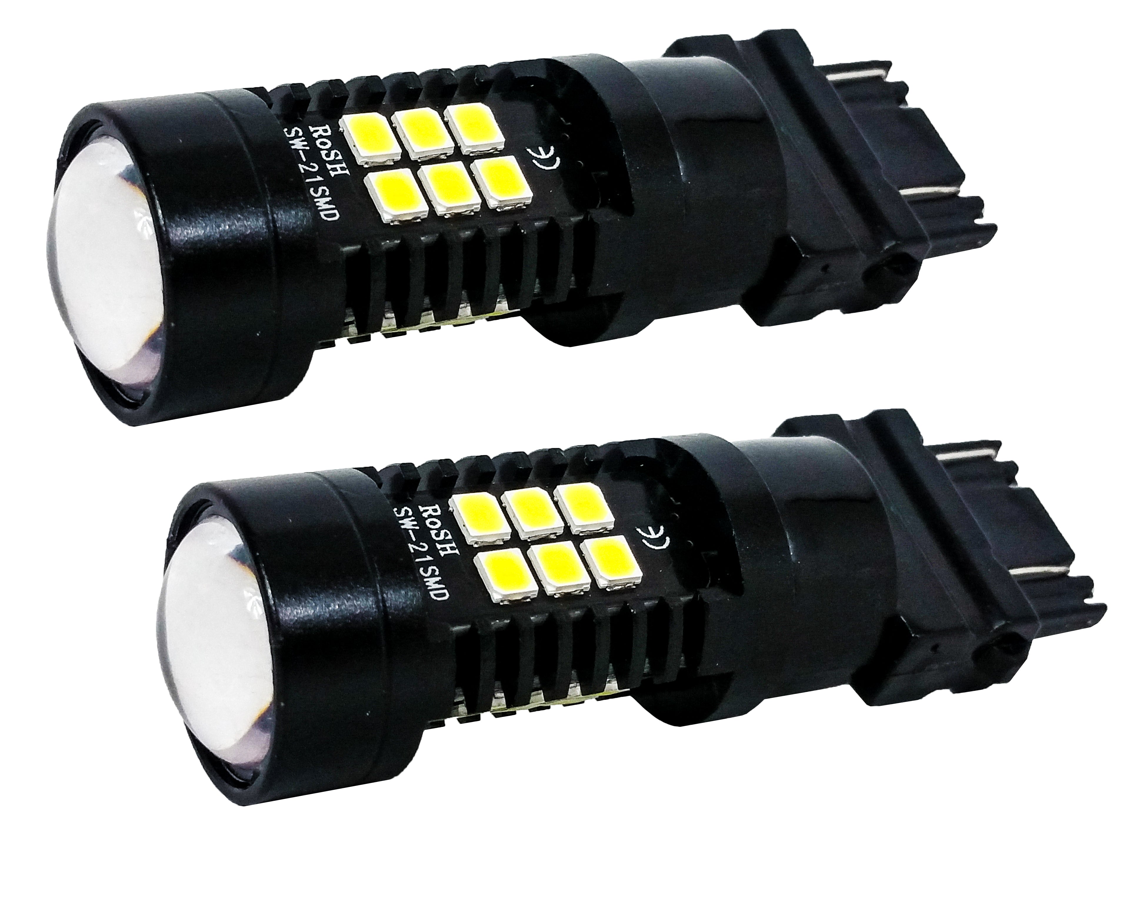(W) Pack Of 2 White 3157 Led Light Bulb  3-Sided Dual Intensity 21Smd Projector Lens Running  Tail Brake Light 12V