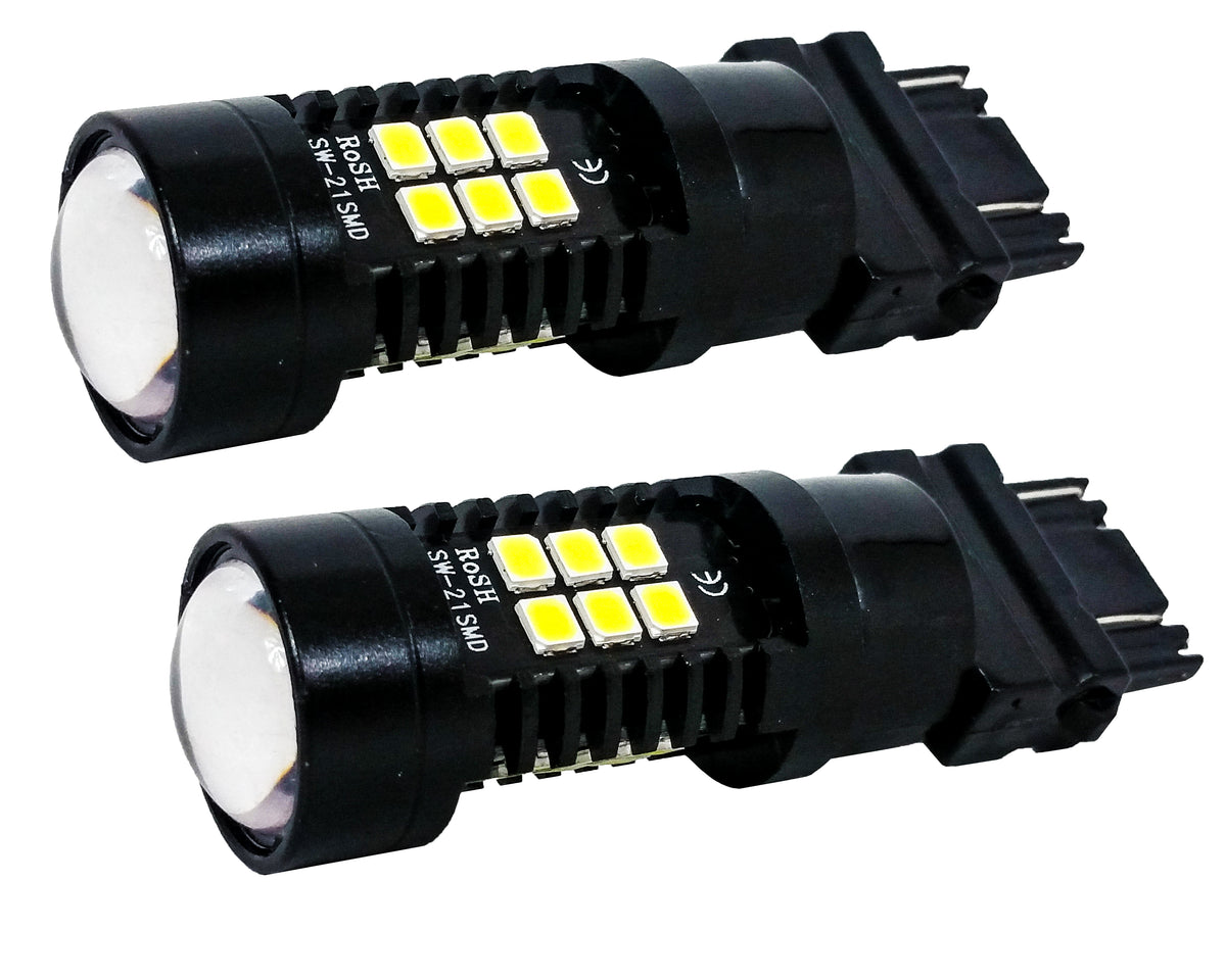(W) Pack Of 2 White 3157 Led Light Bulb  3-Sided Dual Intensity 21Smd Projector Lens Running  Tail Brake Light 12V
