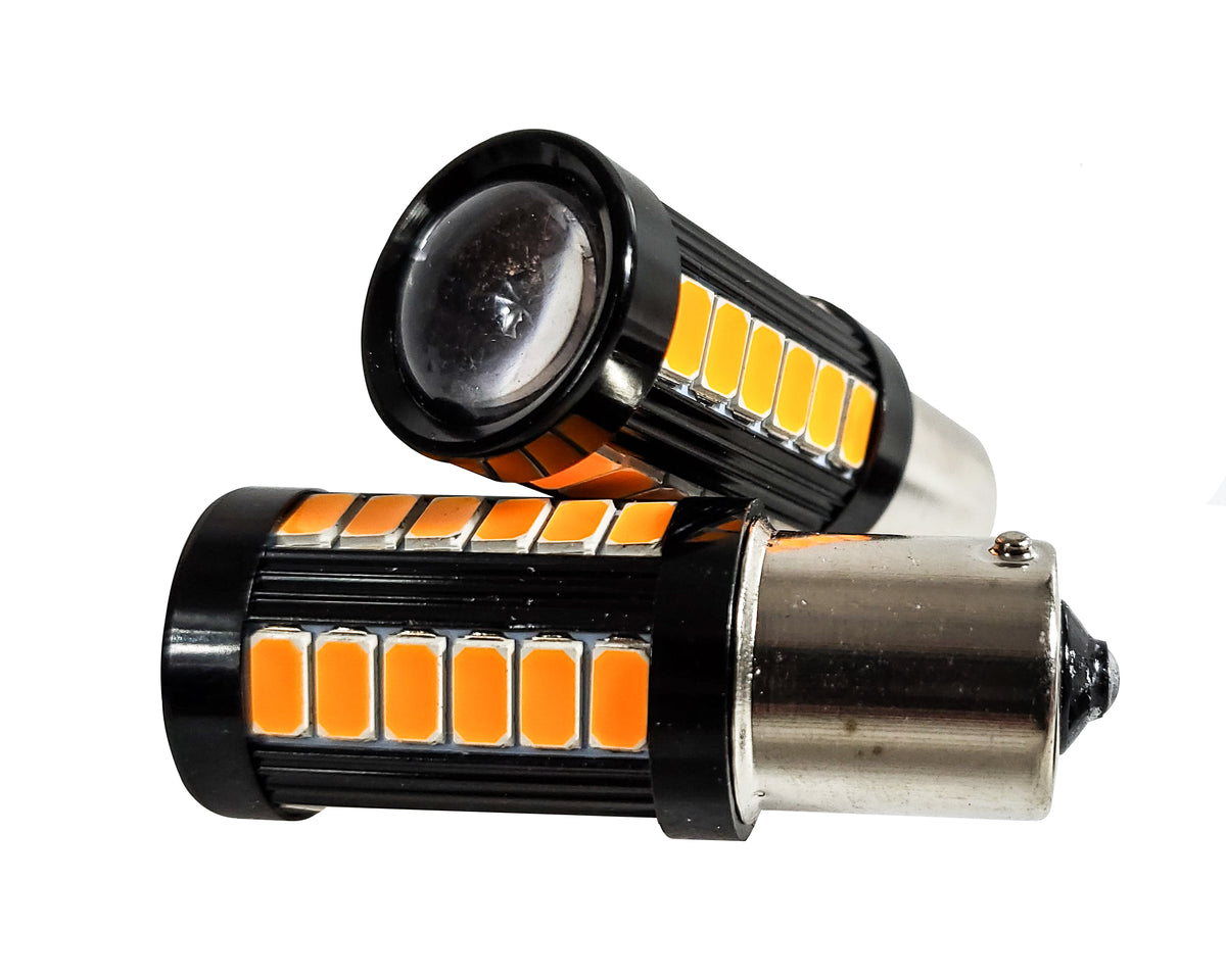 (W) Pack of 2 Amber LED 1156 Bulb 33-SMD Error Free LED Lamp with Projector Lens for Running Lights Turn Signals Marker