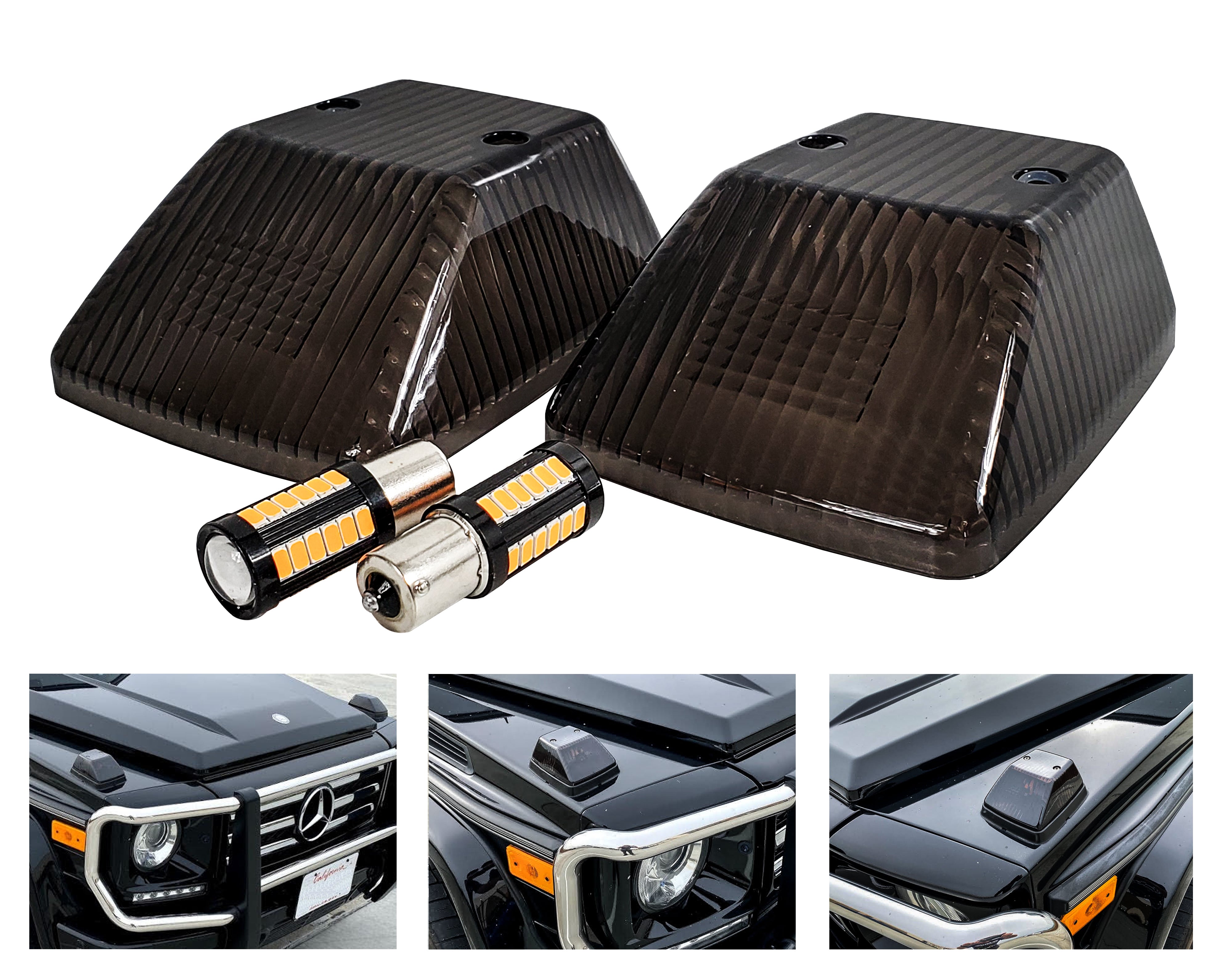(W) Front Smoke Turn Signal Lens for Mercedes G Class SUV 500 550 G63 wagon with Error Free Amber LED Bulb For Mercedes G500 G55