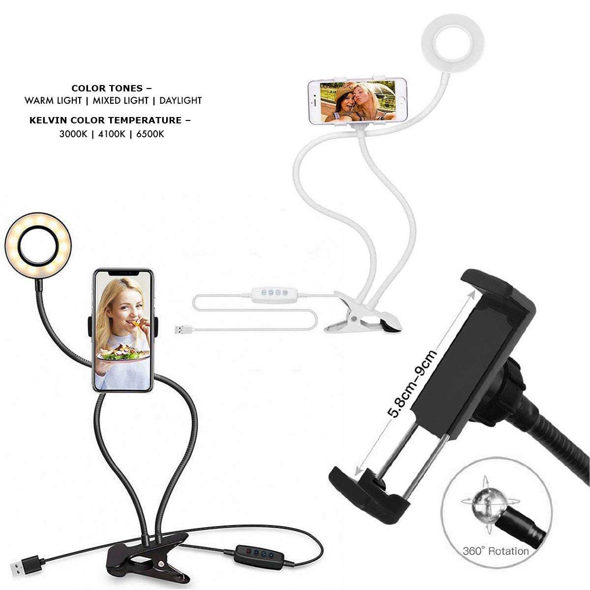 Zunammy Ztlamp3000Bk 3.5 In. Led Personal Live Stream Ring Light Kit With Table Clamp & Phone Holder, Black