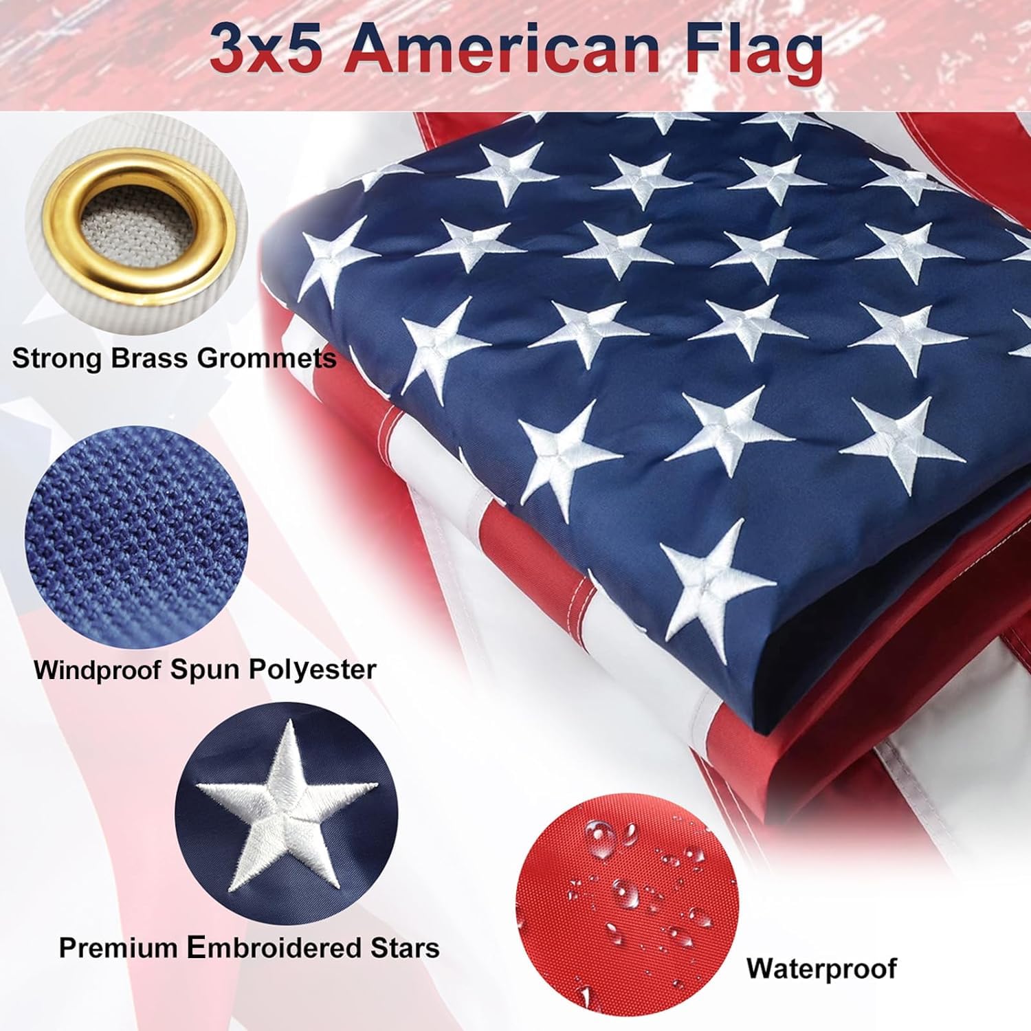 American Flag with Pole for Outside House - 5ft Wall Mount Flag Pole Kit with 3x5 Embroidered US Flag, Stainless Steel Flagpole, Tangle-Free Ball Bearing Rings, Aluminum Holder Bracket